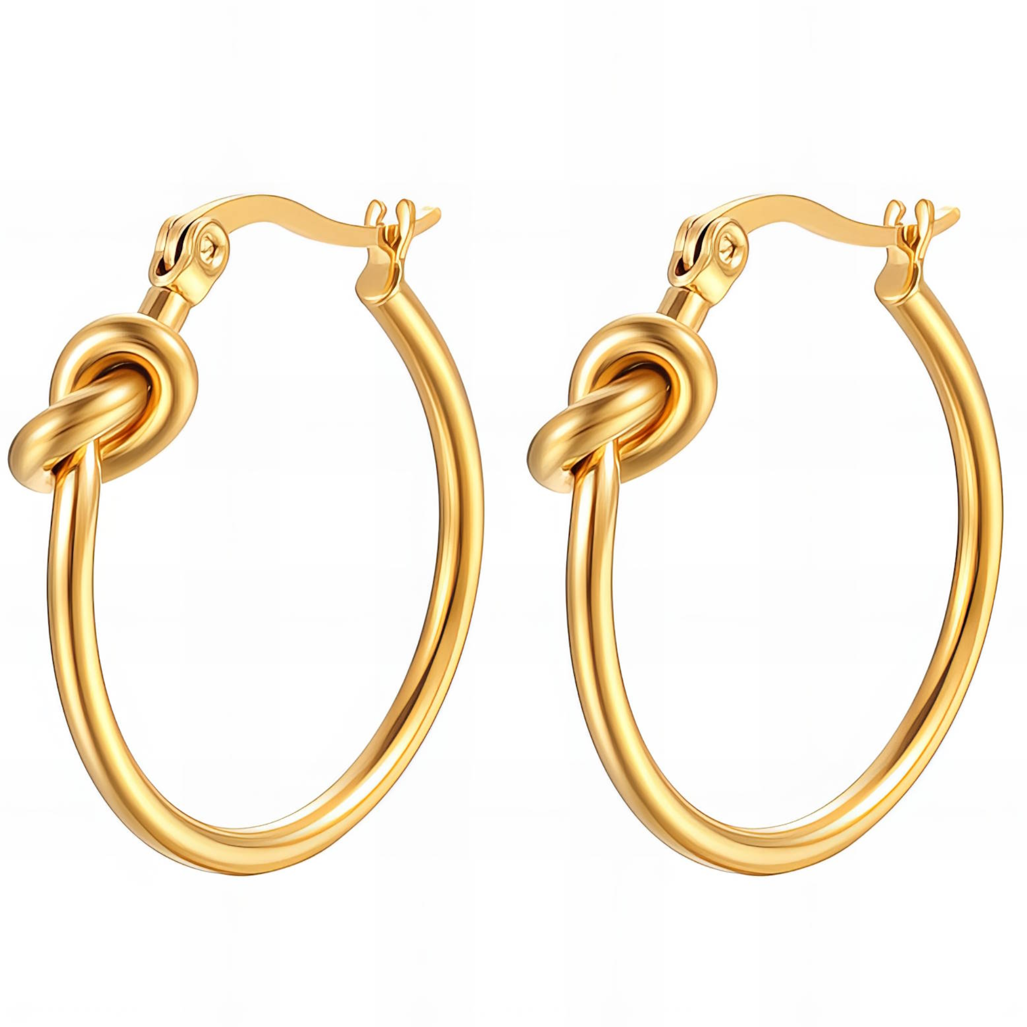Gold knotted hoop earrings from a private label, showcasing a stylish twisted design in a close-up view.
