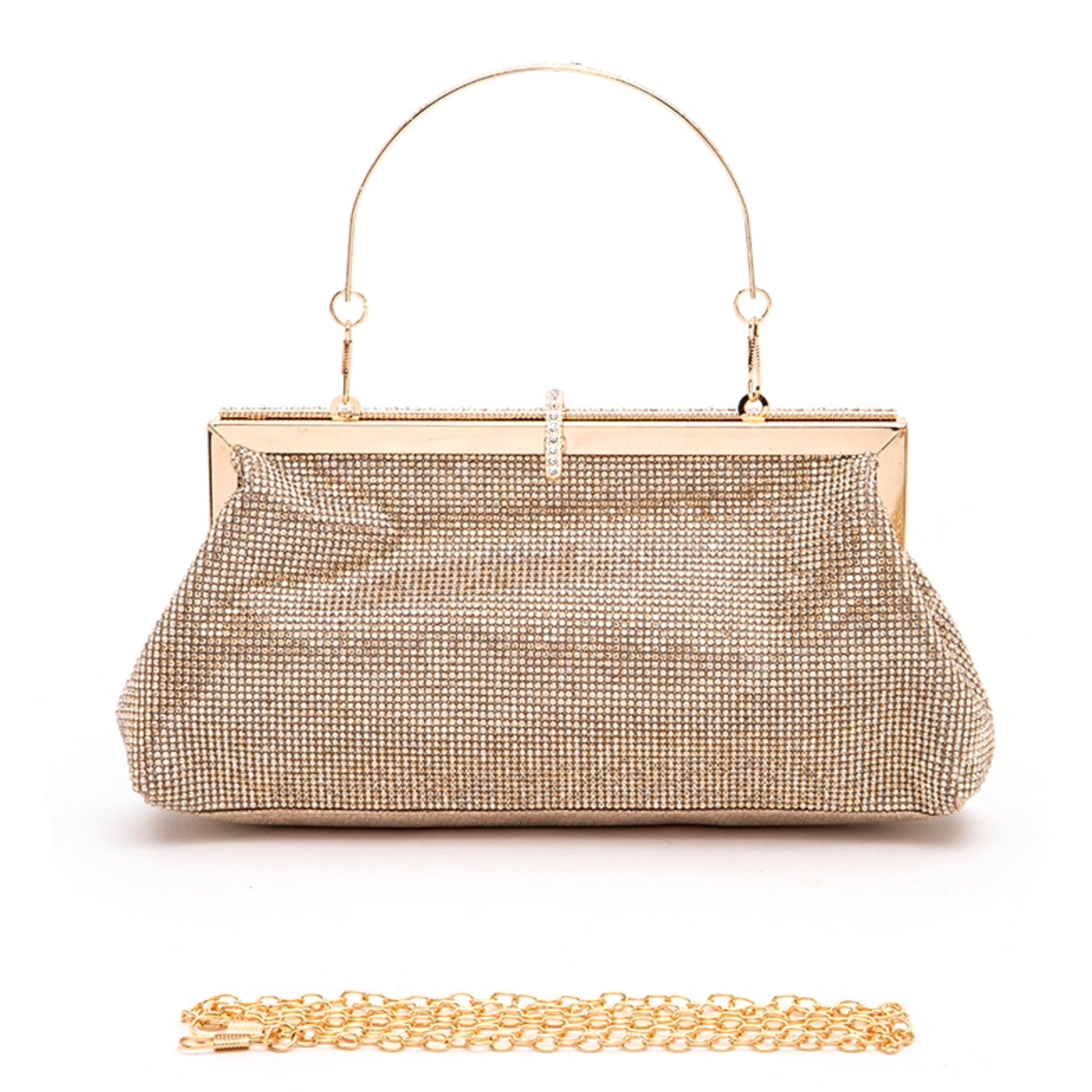 Elegant evening clutch bag with rhinestone clasp, top handle, and convertible design by Private Label.