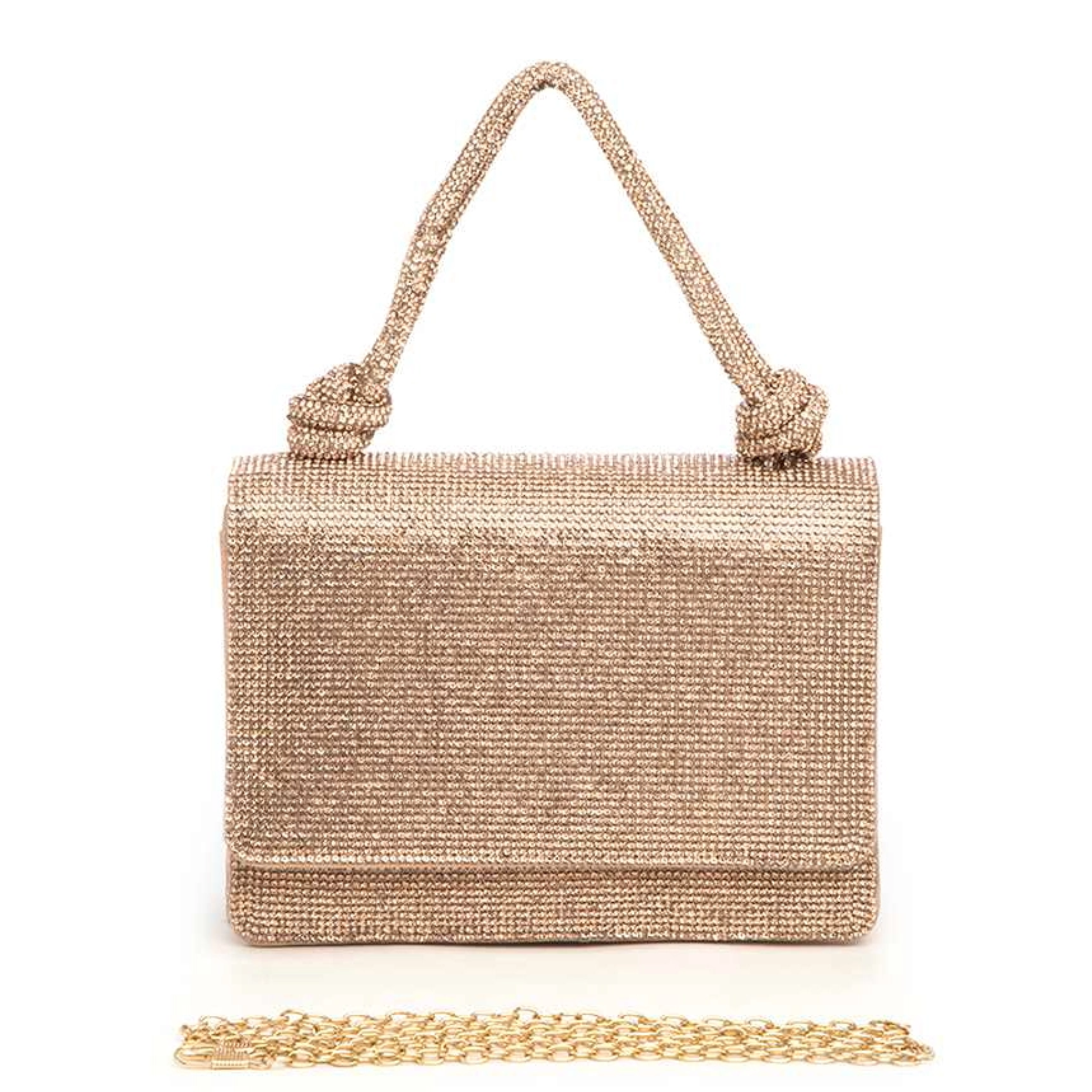 Small bridal party clutch with rhinestone embellishments and top handle, designed as an elegant evening bag.
