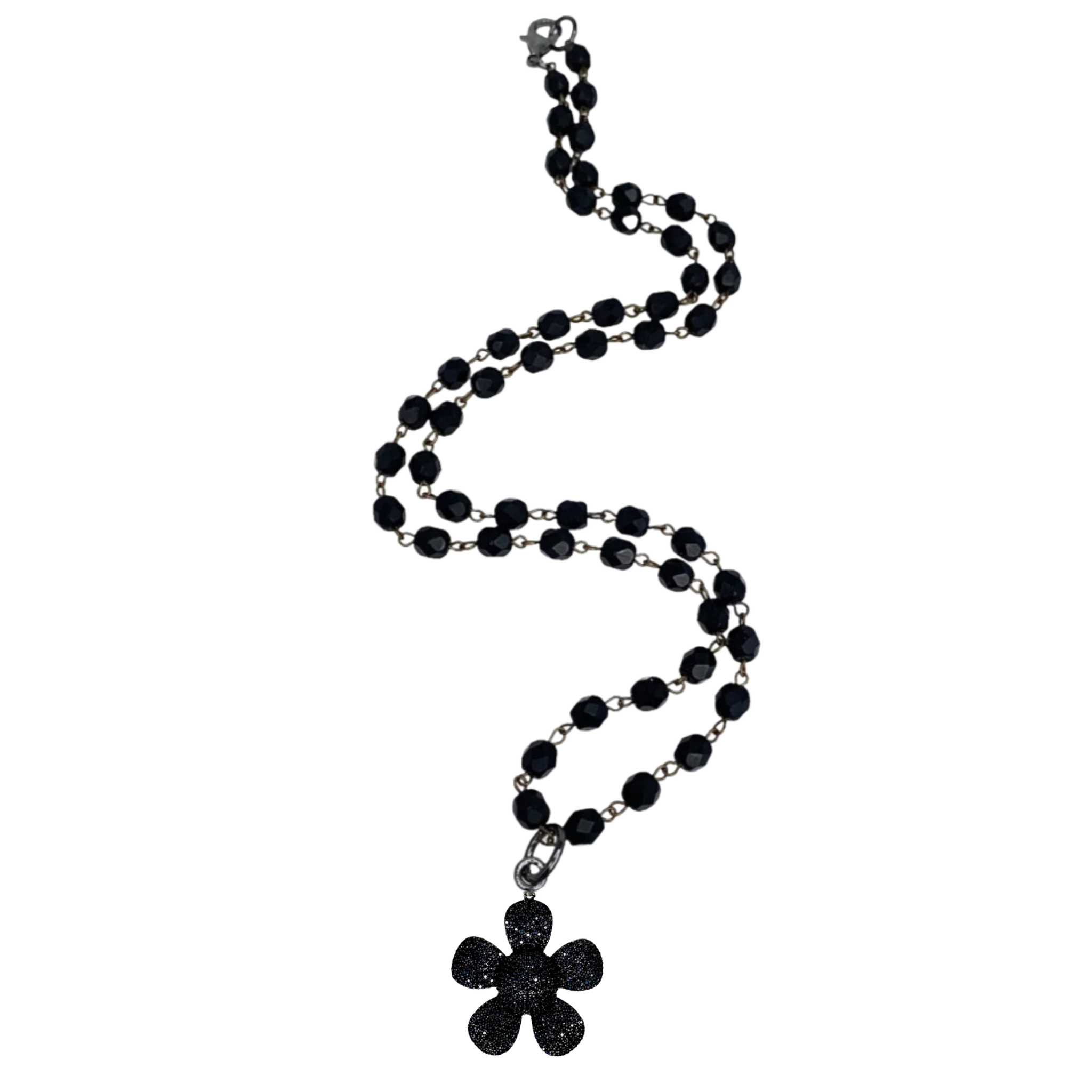 Black pave flower charm with beaded chain necklace