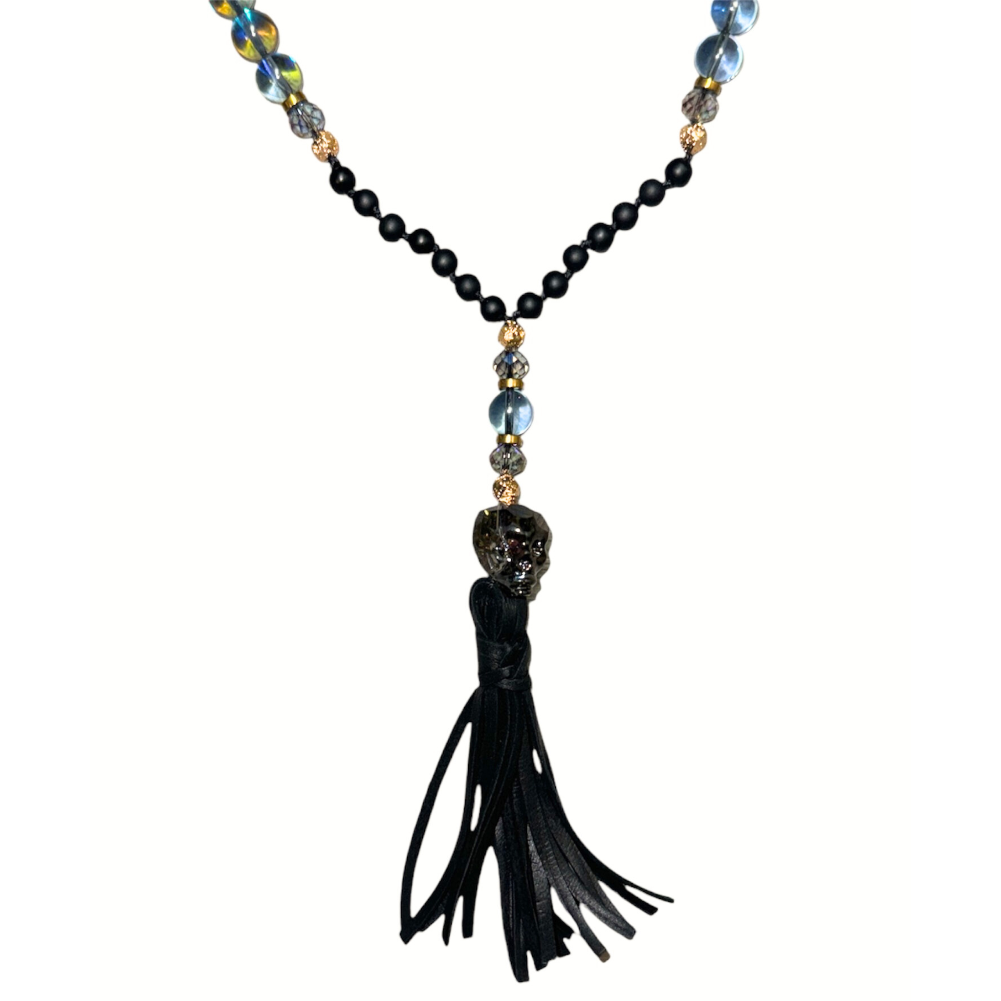 Black Onyx Crystal Skull and Moon glass Deerskin Leather Tassel Necklace