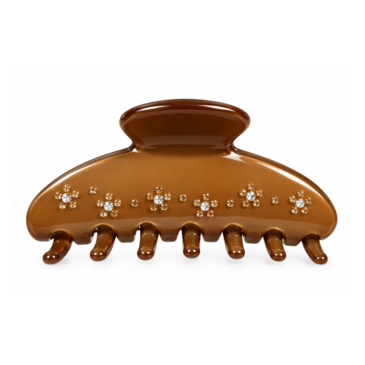 Brown rhinestone swirl hair clip by Private Label featuring sparkling rhinestones and a twisted swirl design.