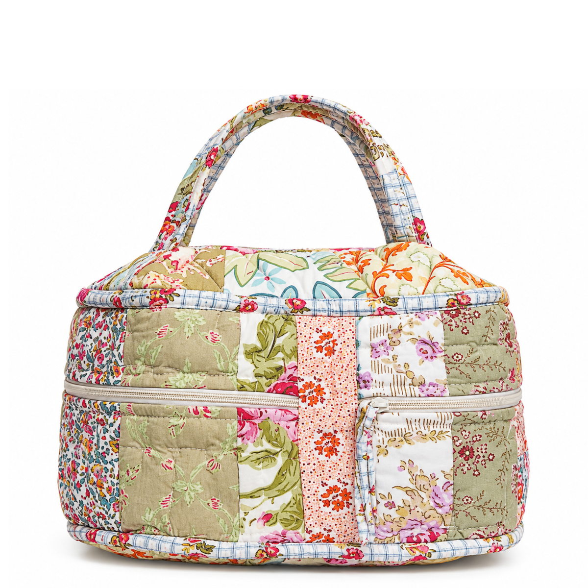 Vintage floral patchwork quilted makeup bag with zipper closure, crafted by Private Label for stylish storage.