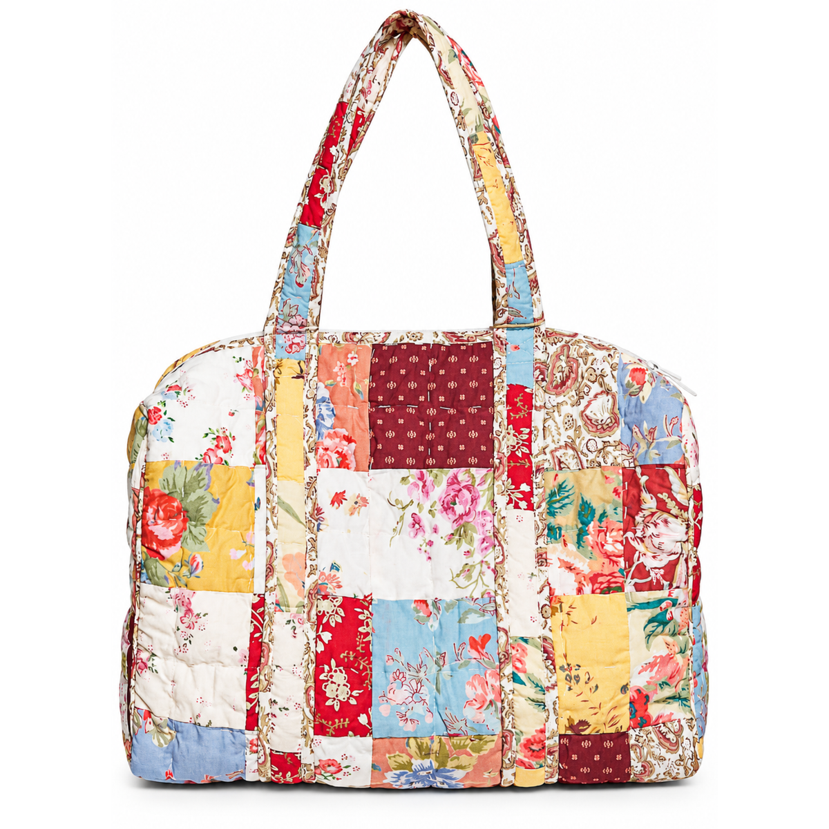Quilted vintage patchwork weekender bag with vibrant colors and handcrafted details, designed for spacious travel storage.