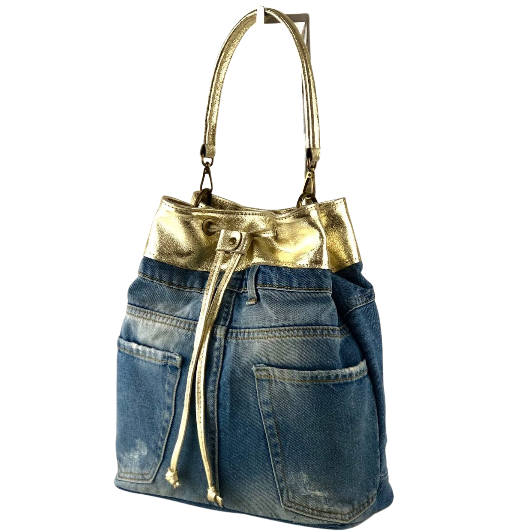 Private label Secchiello Teresa denim match laminated leather bag with a sleek design and stylish handles.