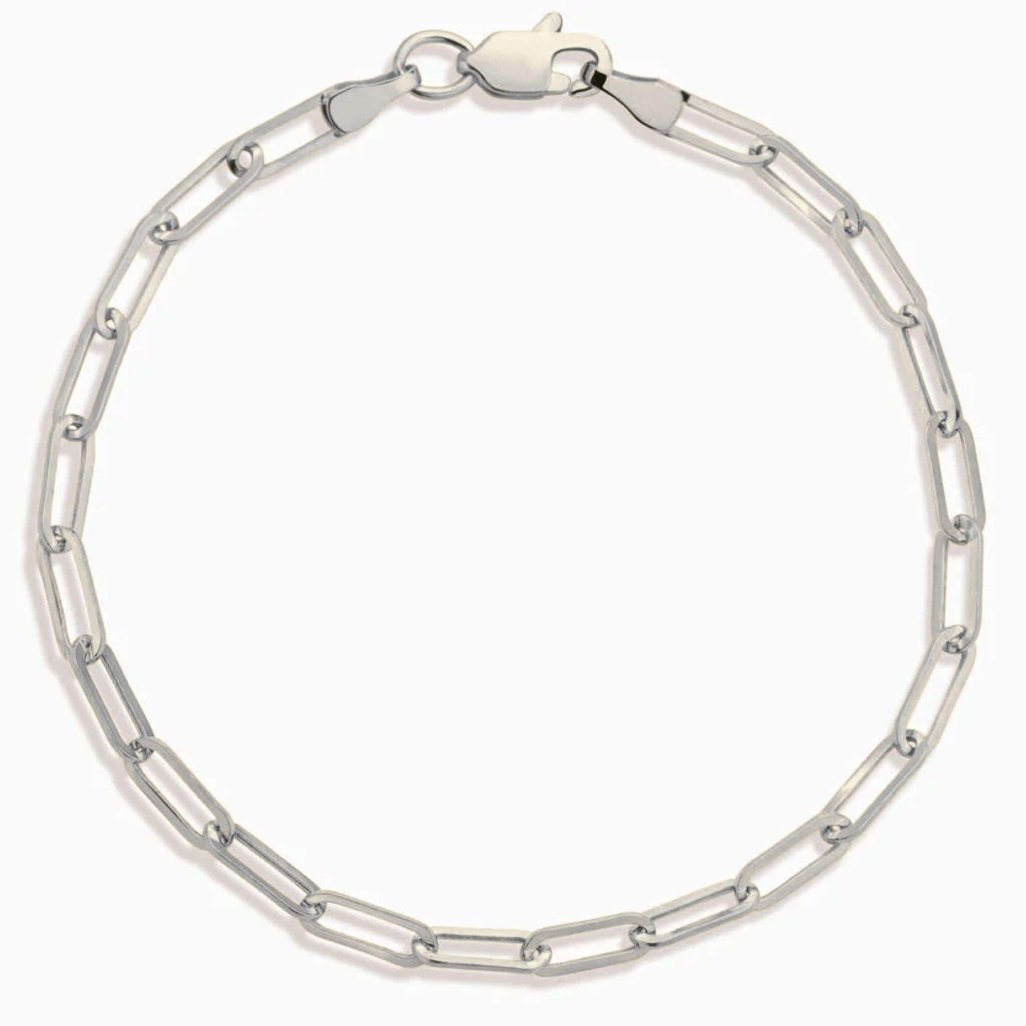 Thin paperclip bracelet from a private label, showcasing a sleek design with elongated links and a minimalist look.