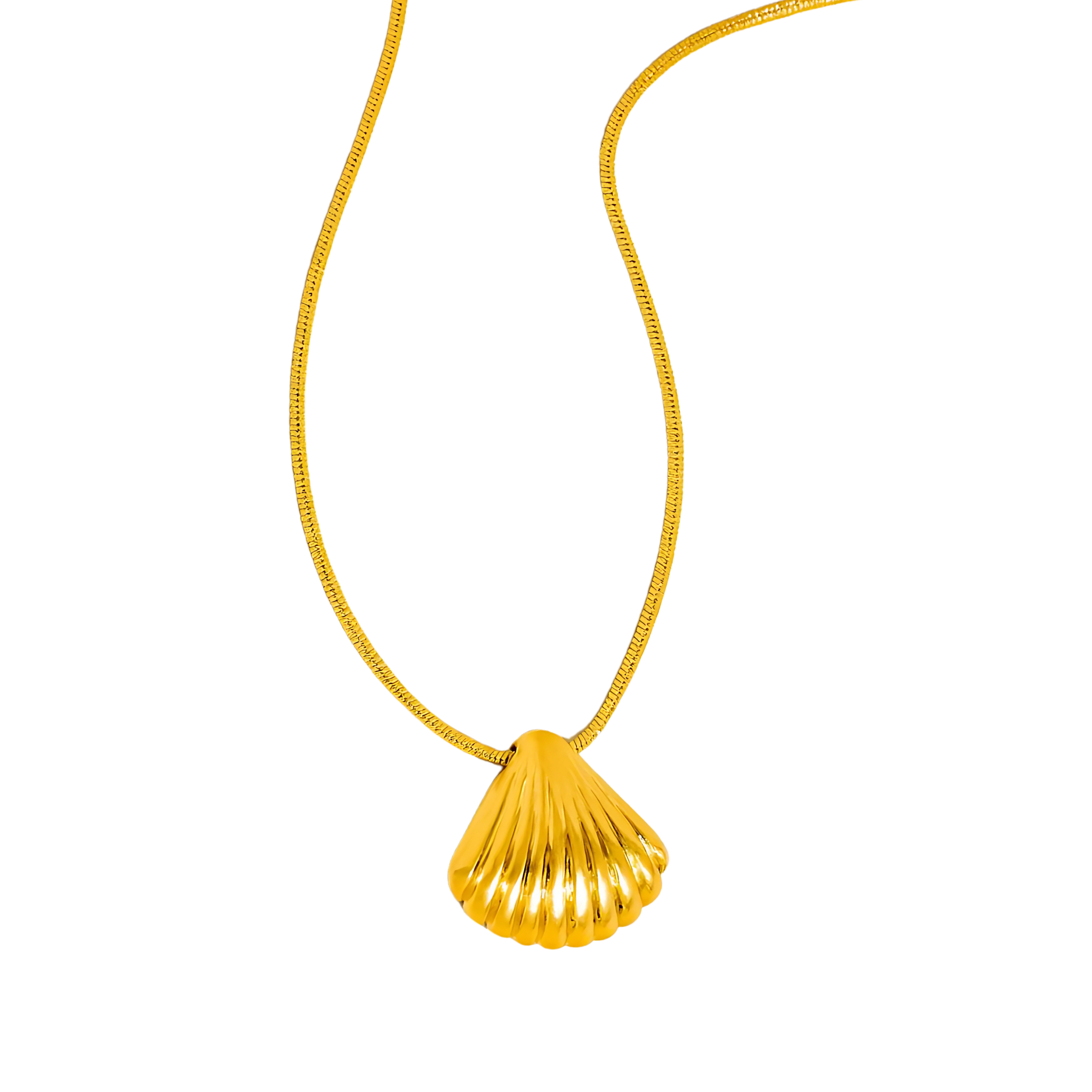 Yellow necklace with a shell pendant on a white background