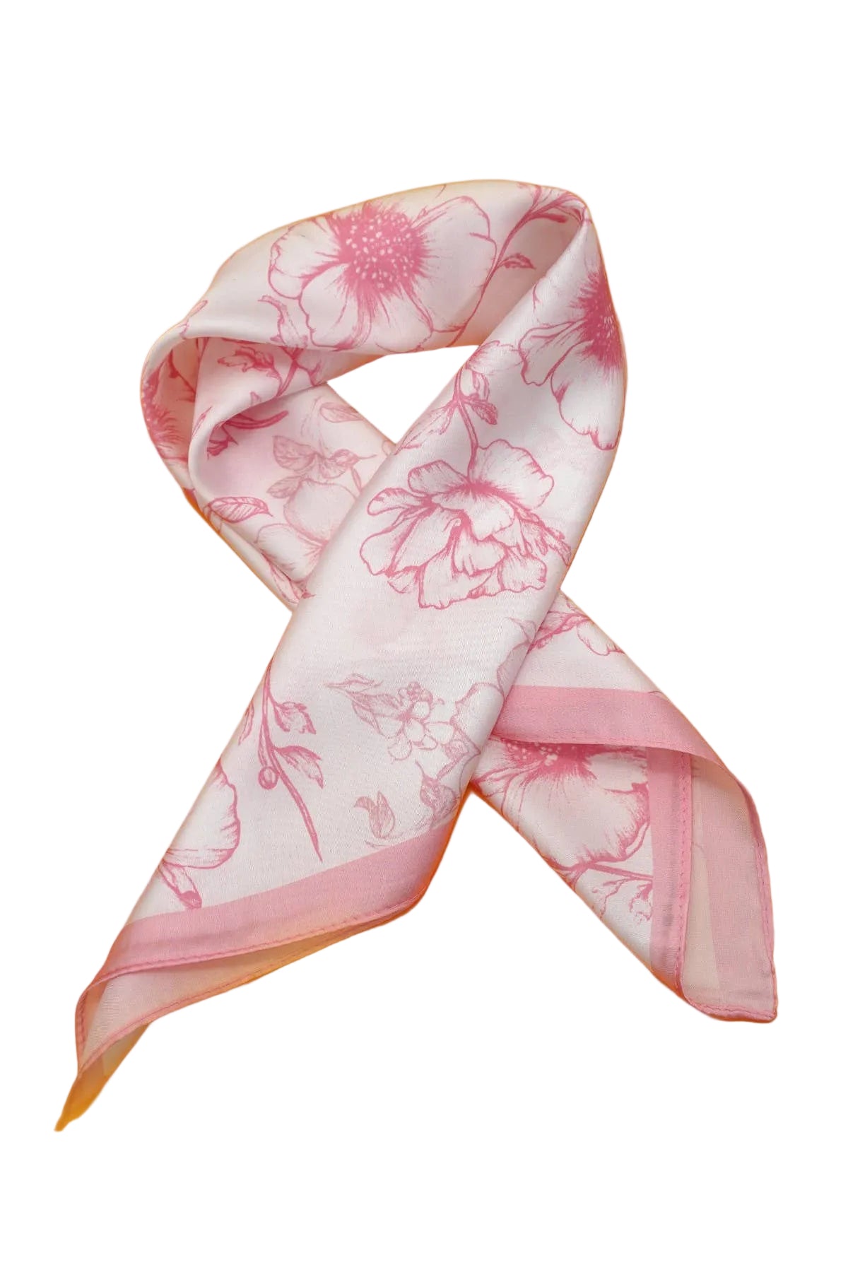 Petite flower print silky bandana scarf in vibrant colors, draped elegantly on a neutral background.