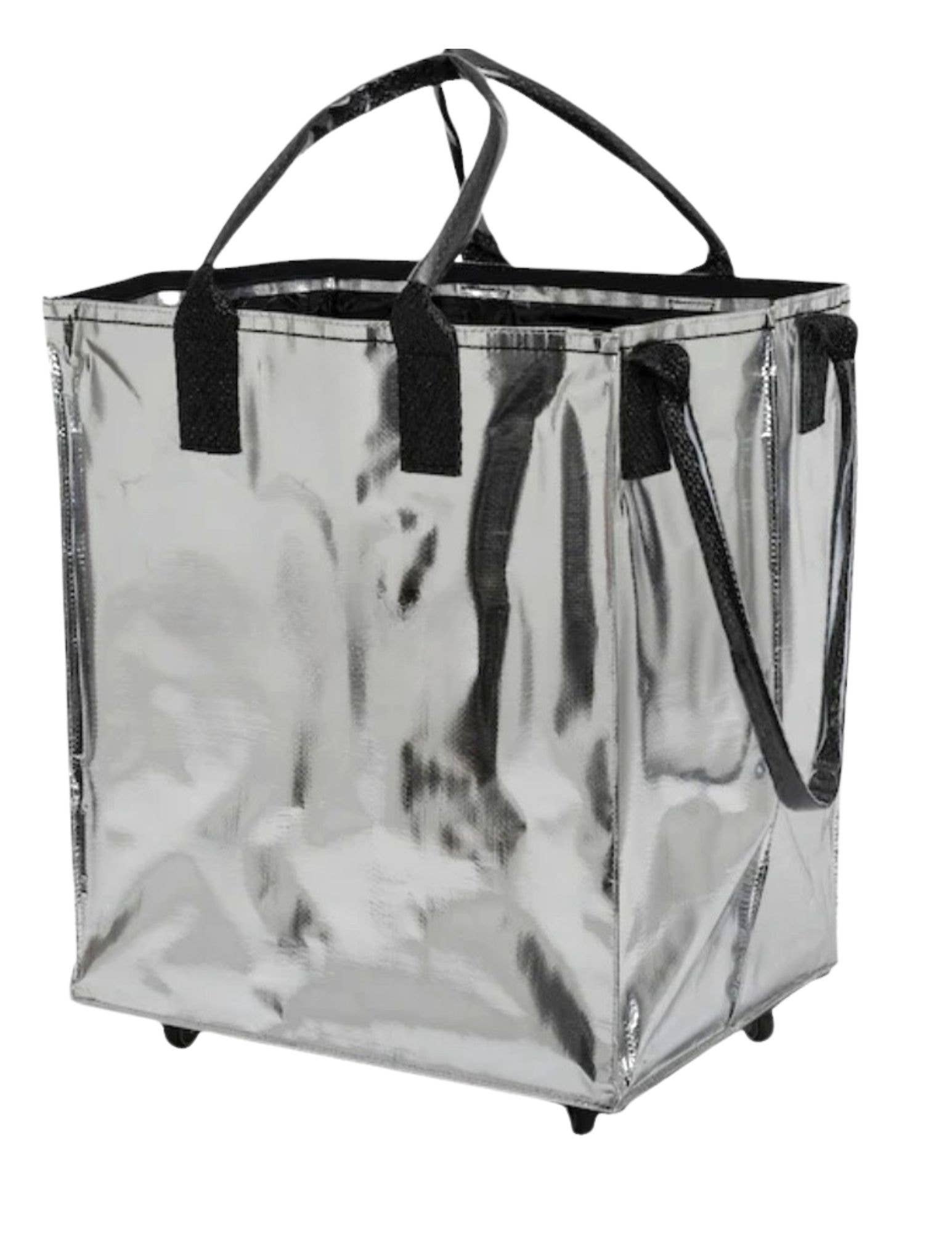 Large reusable rolling bag in navy blue with sturdy wheels and handles, ideal for travel or shopping.