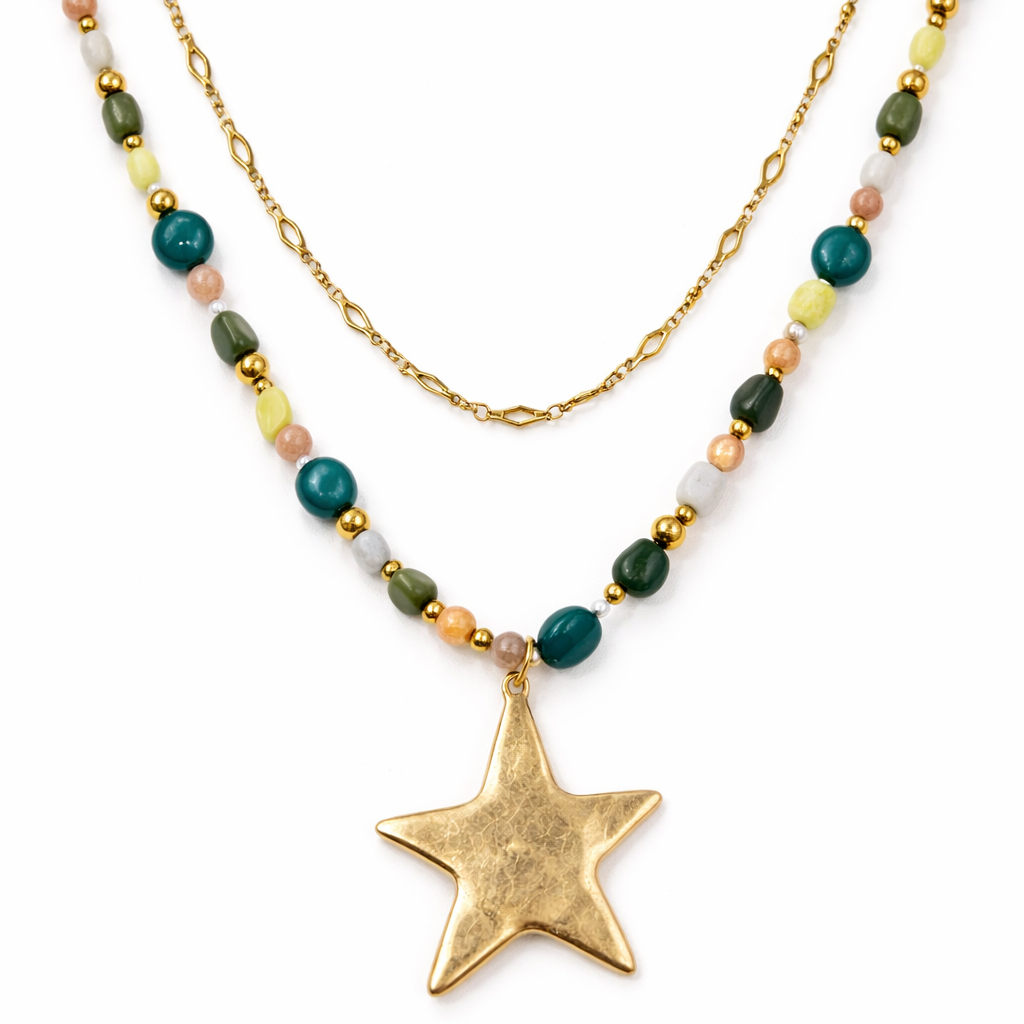 BELJOY Ziggy Star layered necklace featuring green accents and star charms on a delicate chain.