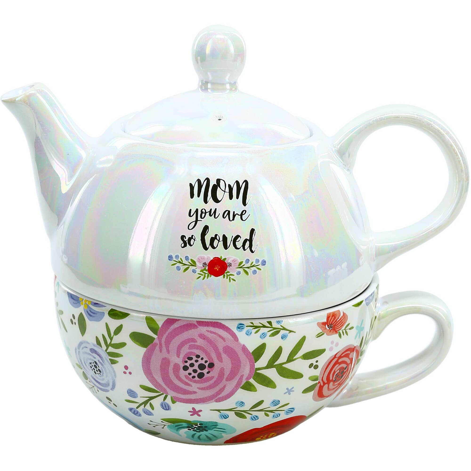 Pavilion Mom Tea for One set featuring a 14.5 oz teapot and 10 oz cup with floral design on a white background.