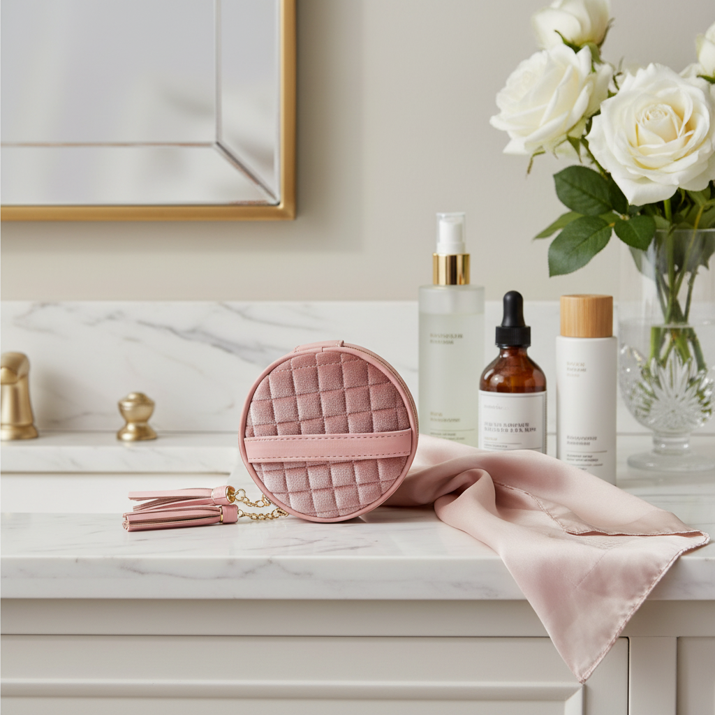 PurseN blush velvet Hot Tools holder cosmetic bag with soft fabric interior and compact design for easy makeup tool storage