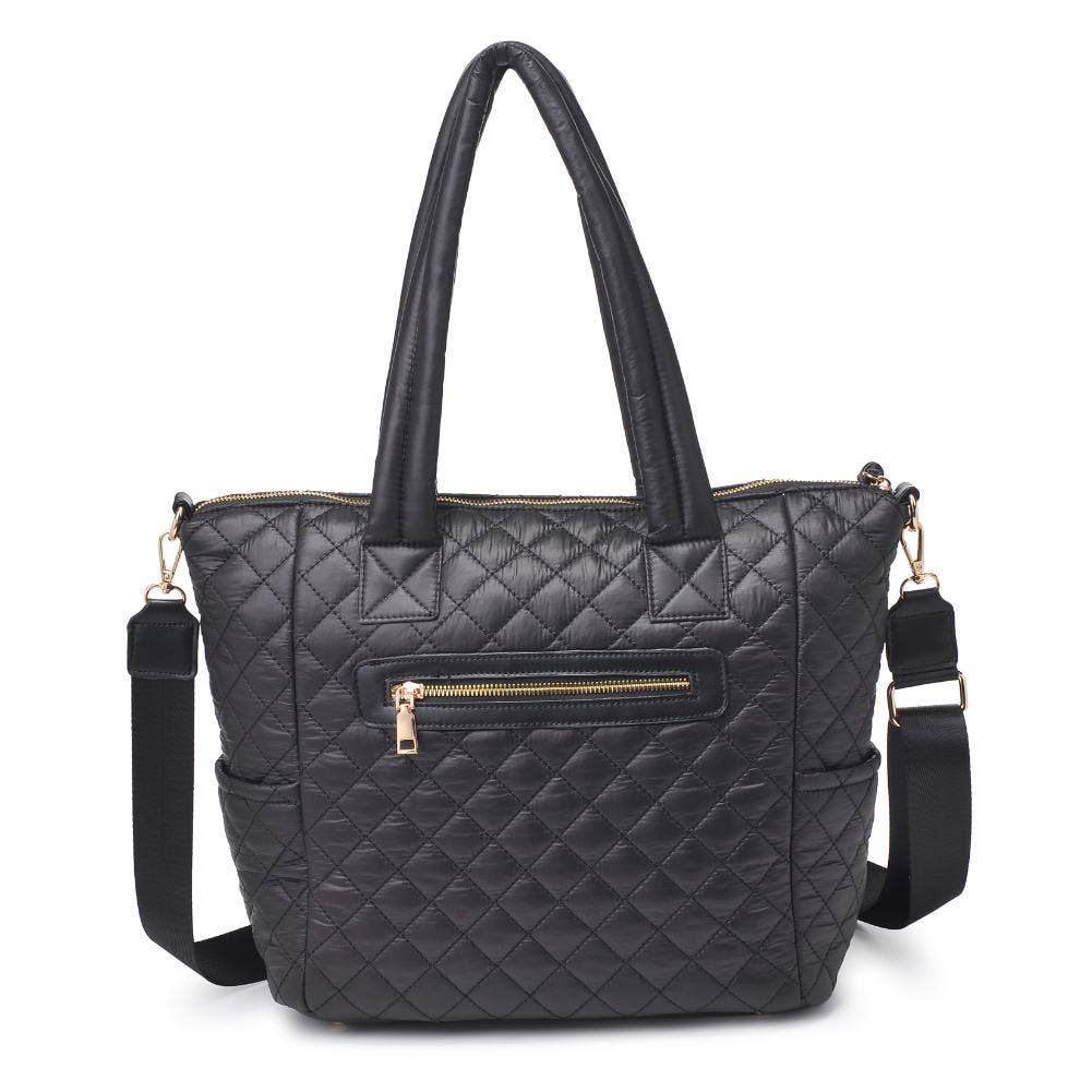 Urban Expressions Jayna quilted nylon tote in black with stylish design and spacious interior for everyday use.