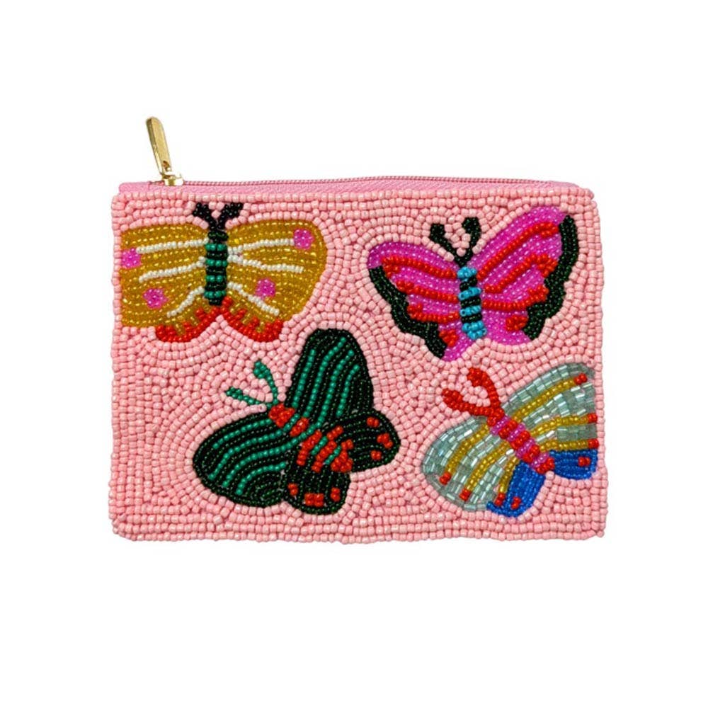 Butterfly seed beaded mini pouch bag with colorful beads, featuring a delicate butterfly design and a zipper closure.