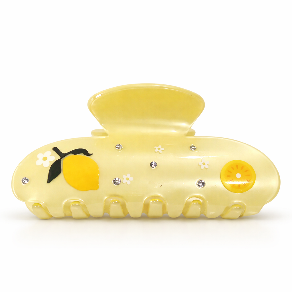 Yellow Lemon clip for hair, stylish private label hair accessory featuring a bright lemon design and secure clip mechanism.