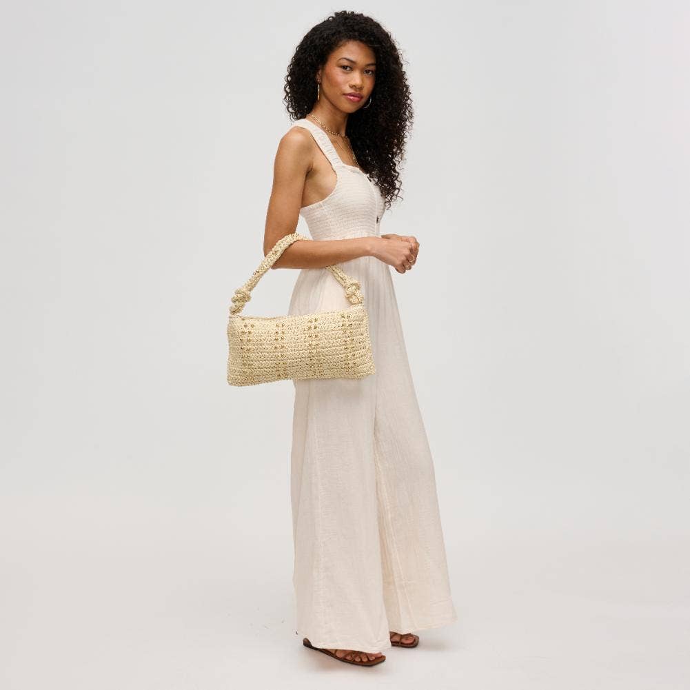 Clarissa Seasonal Straw Shoulder Bag by Urban Expressions, showcasing a natural straw texture and stylish shoulder strap.