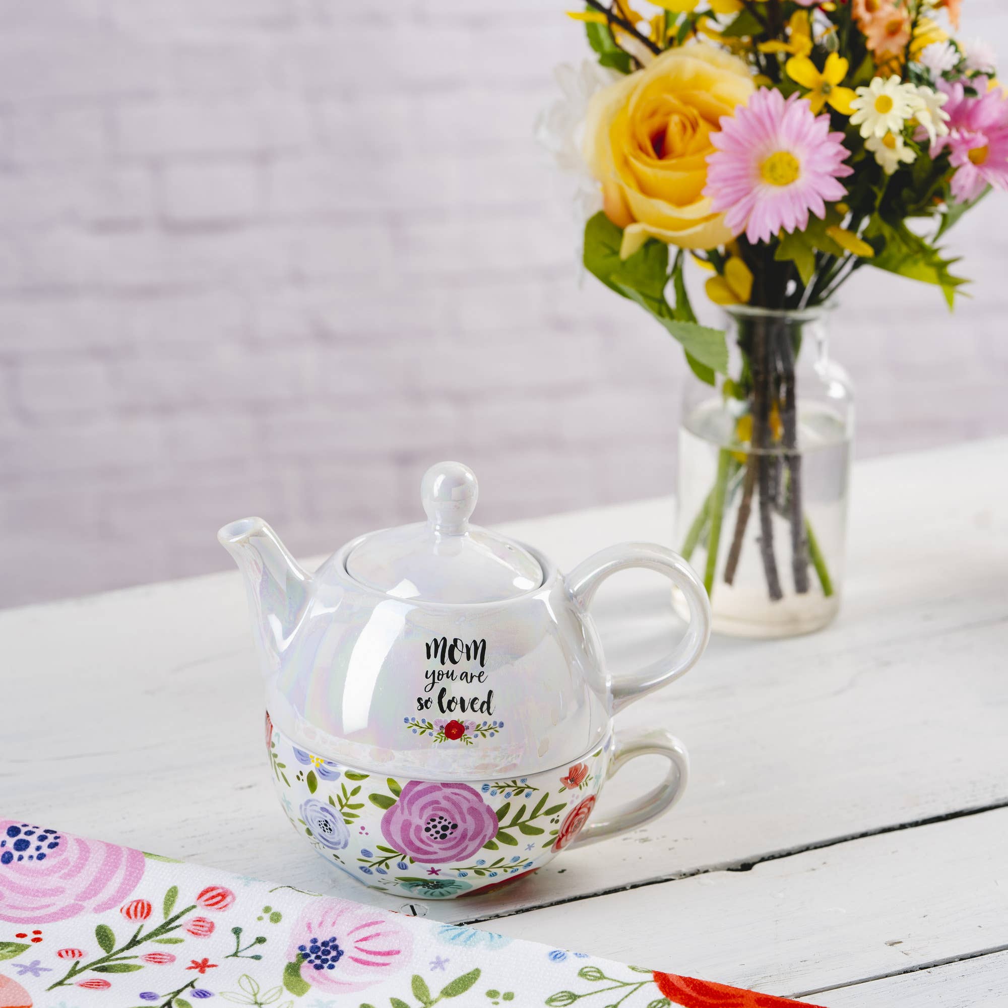 Pavilion Mom Tea for One set featuring a 14.5 oz teapot and 10 oz cup with floral design on a white background.