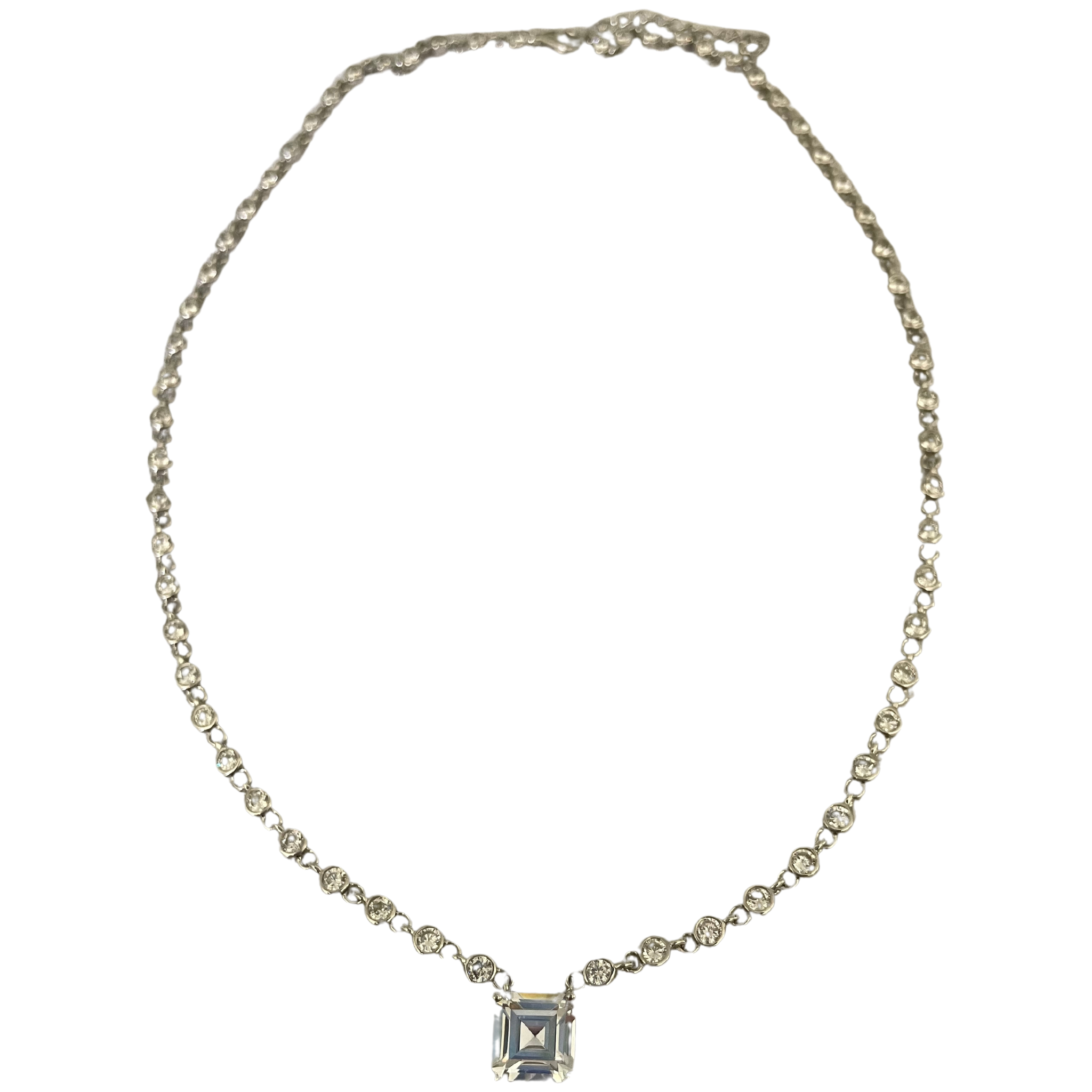 CZ Sterling Silver Tennis Necklace with Square Pendant