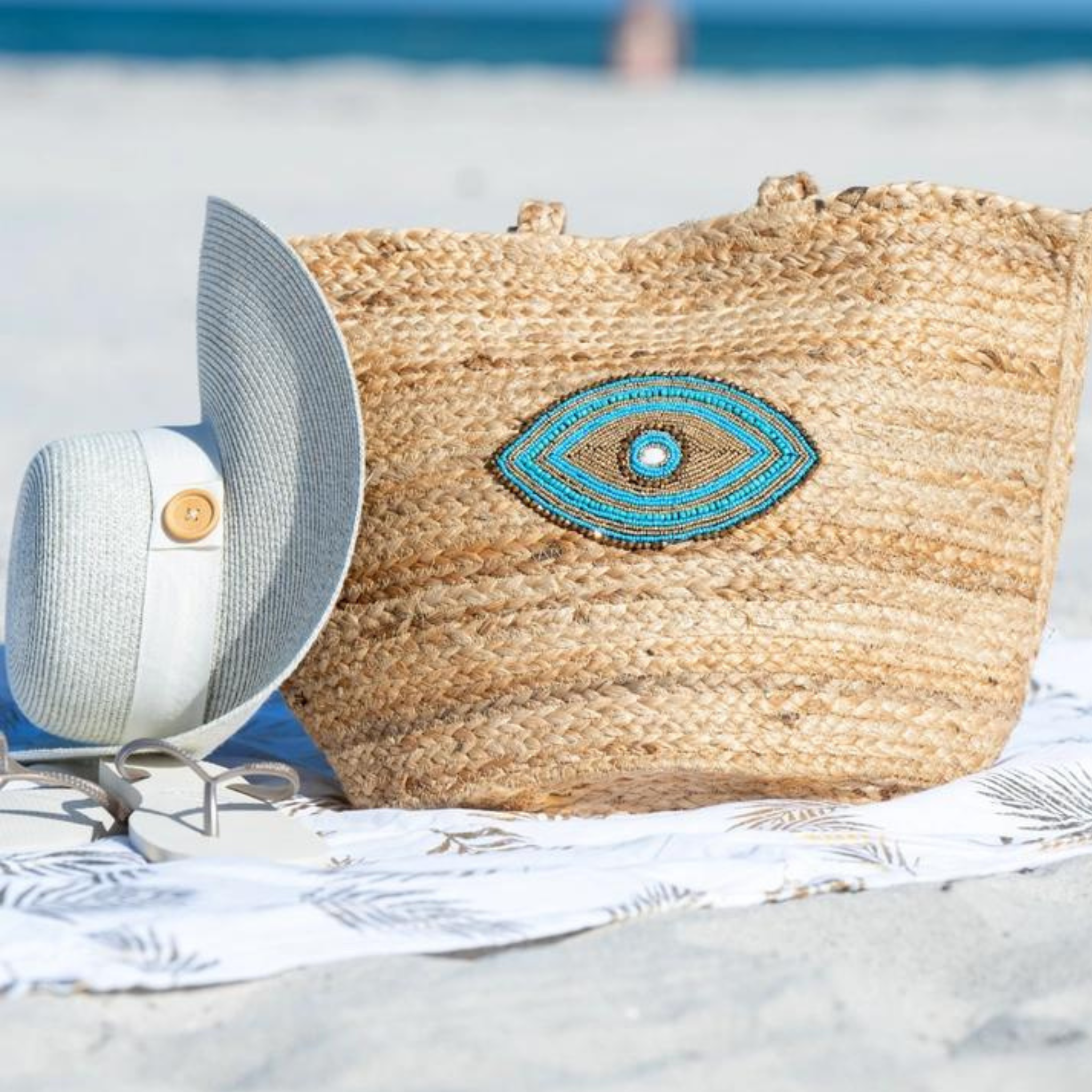 Evil Eye Jute Beach Tote