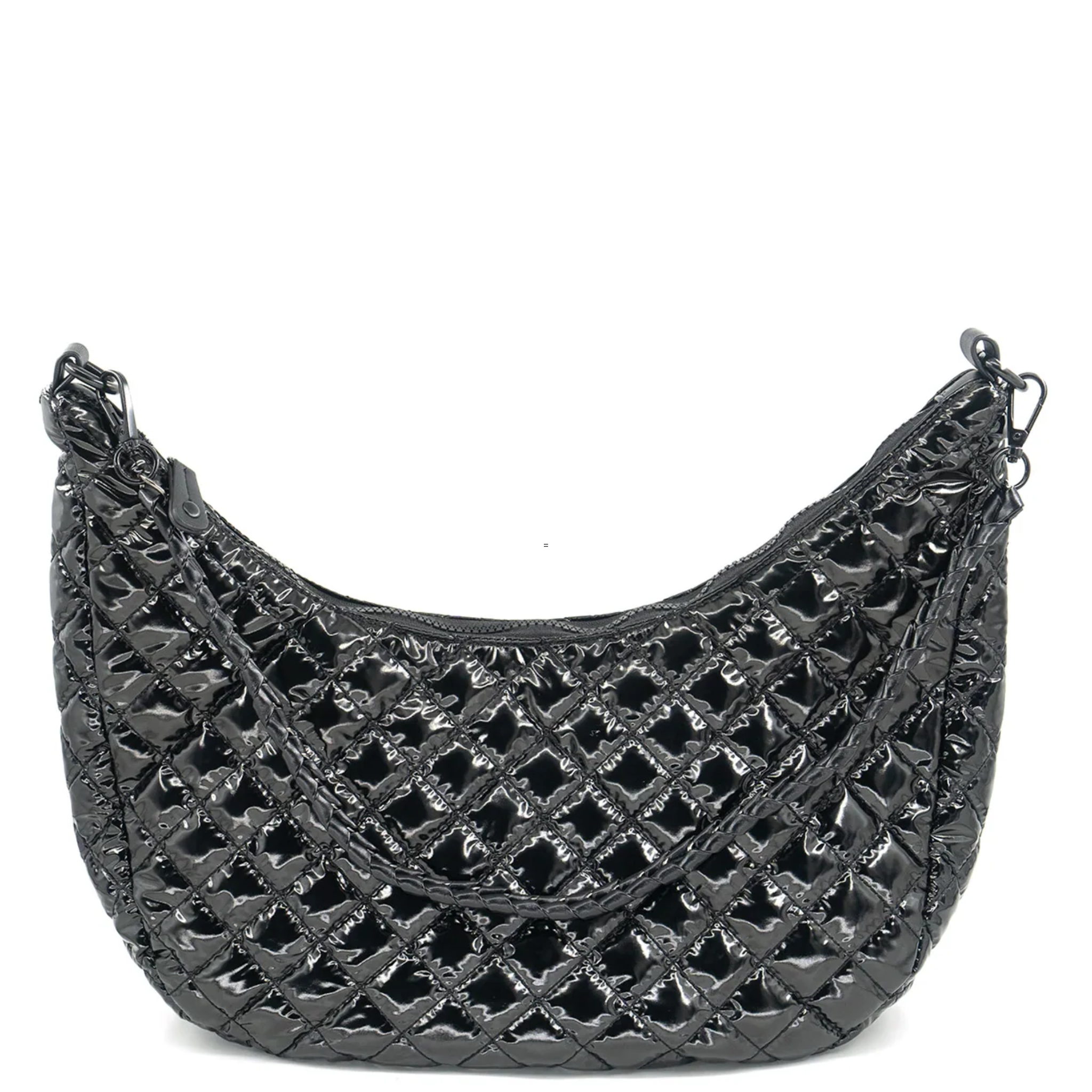 Black quilted Bc Handbags crossbody bag with rhinestone-embellished hair clip accessory.