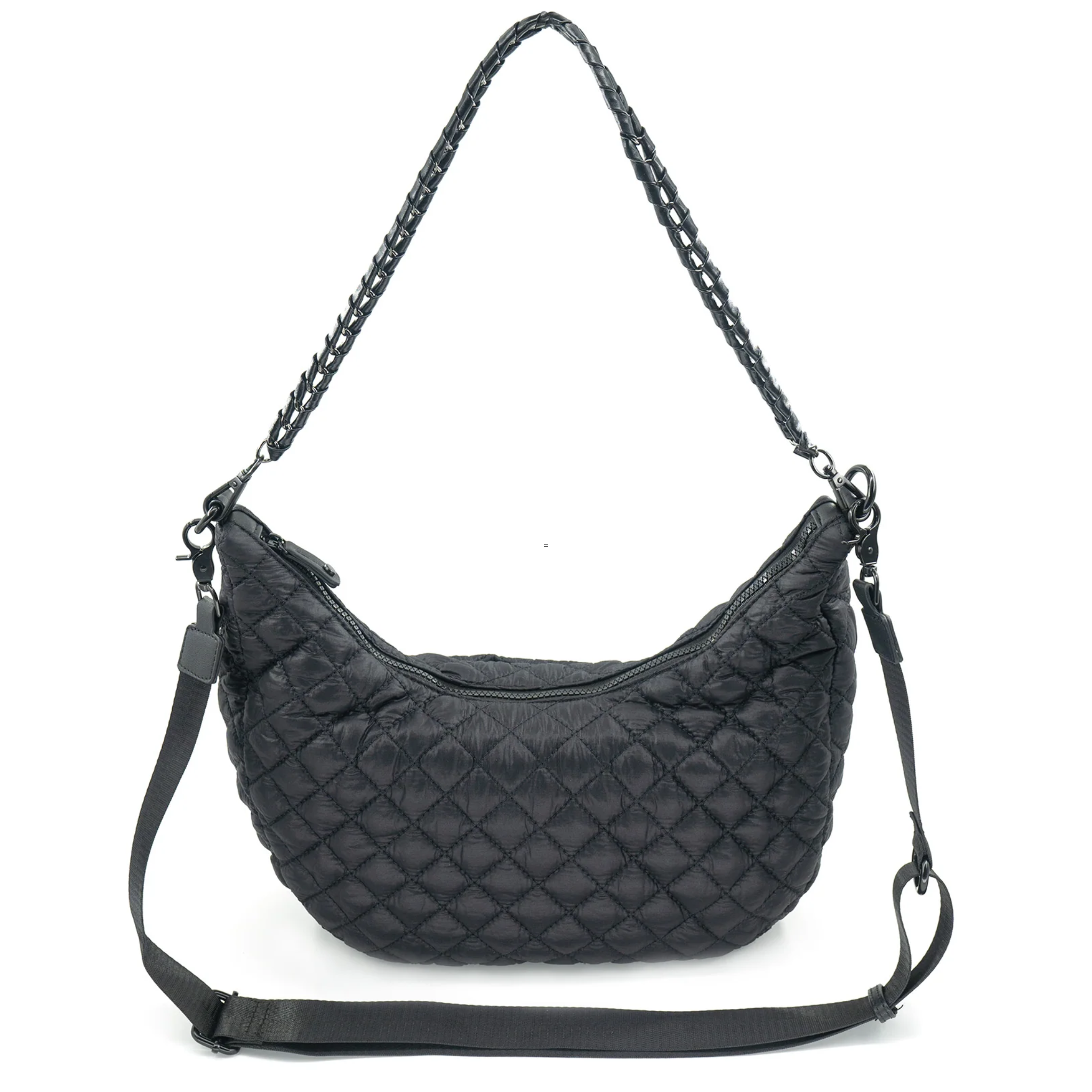 Black quilted Bc Handbags crossbody bag with rhinestone hair clip showing a stylish accessory and textured surface.
