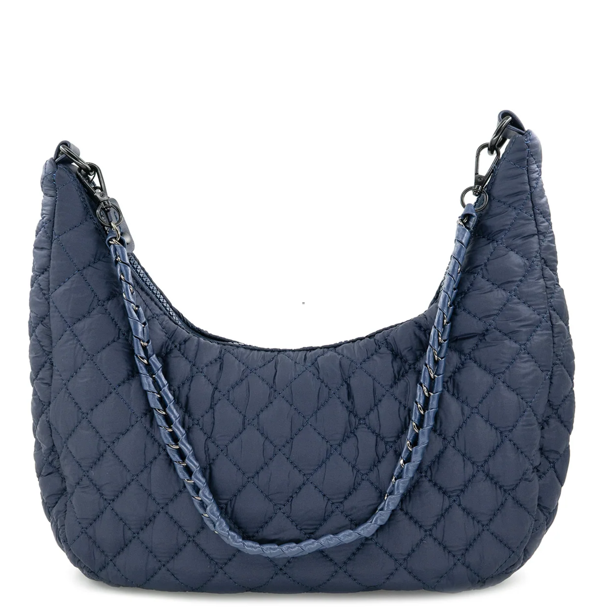 Black quilted crossbody bag by Bc Handbags with rhinestone hair clip accessory, featuring a sleek, stylish design.