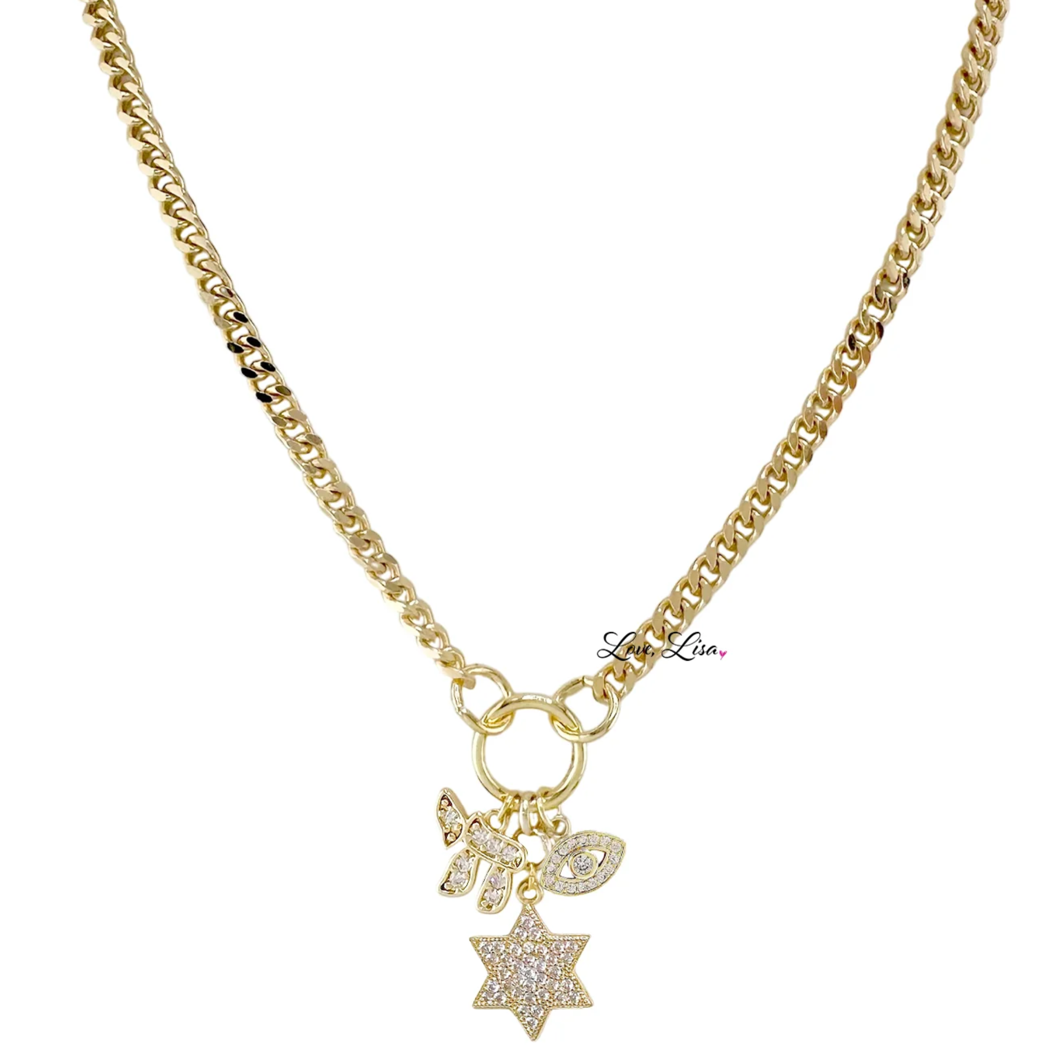 Hebrew Chai, Star of David & Evil Eye Charm Necklace