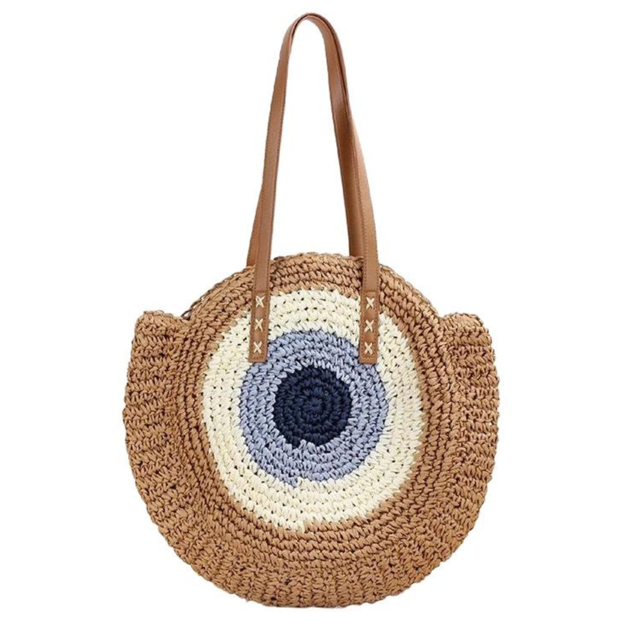 Boho Evil Eye Rattan Wicker Round Beach Tote Bag