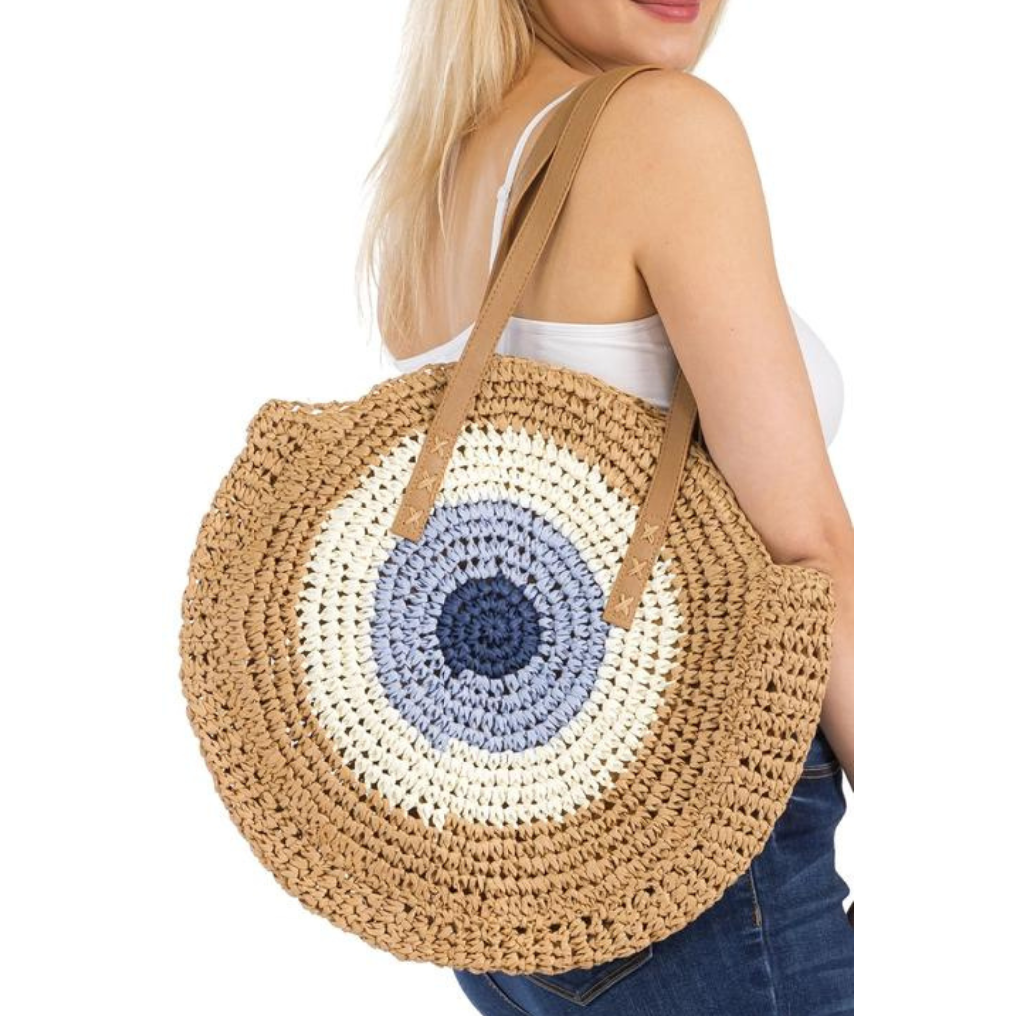 Boho Evil Eye Rattan Wicker Round Beach Tote Bag