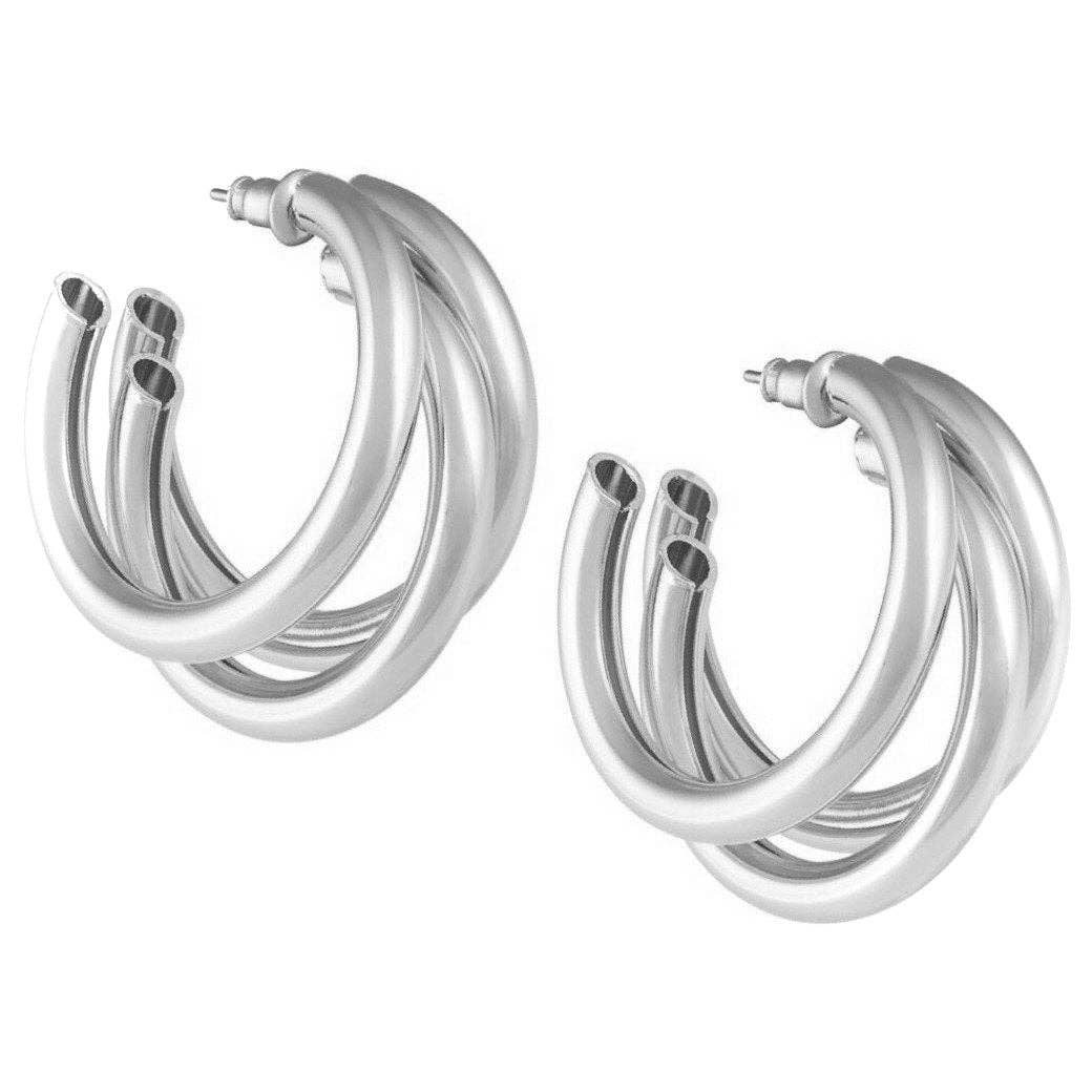 Sahira Jewelry Design Lexi Tri Hoop earrings in a stylish, modern design showcasing intricate hoop detailing.