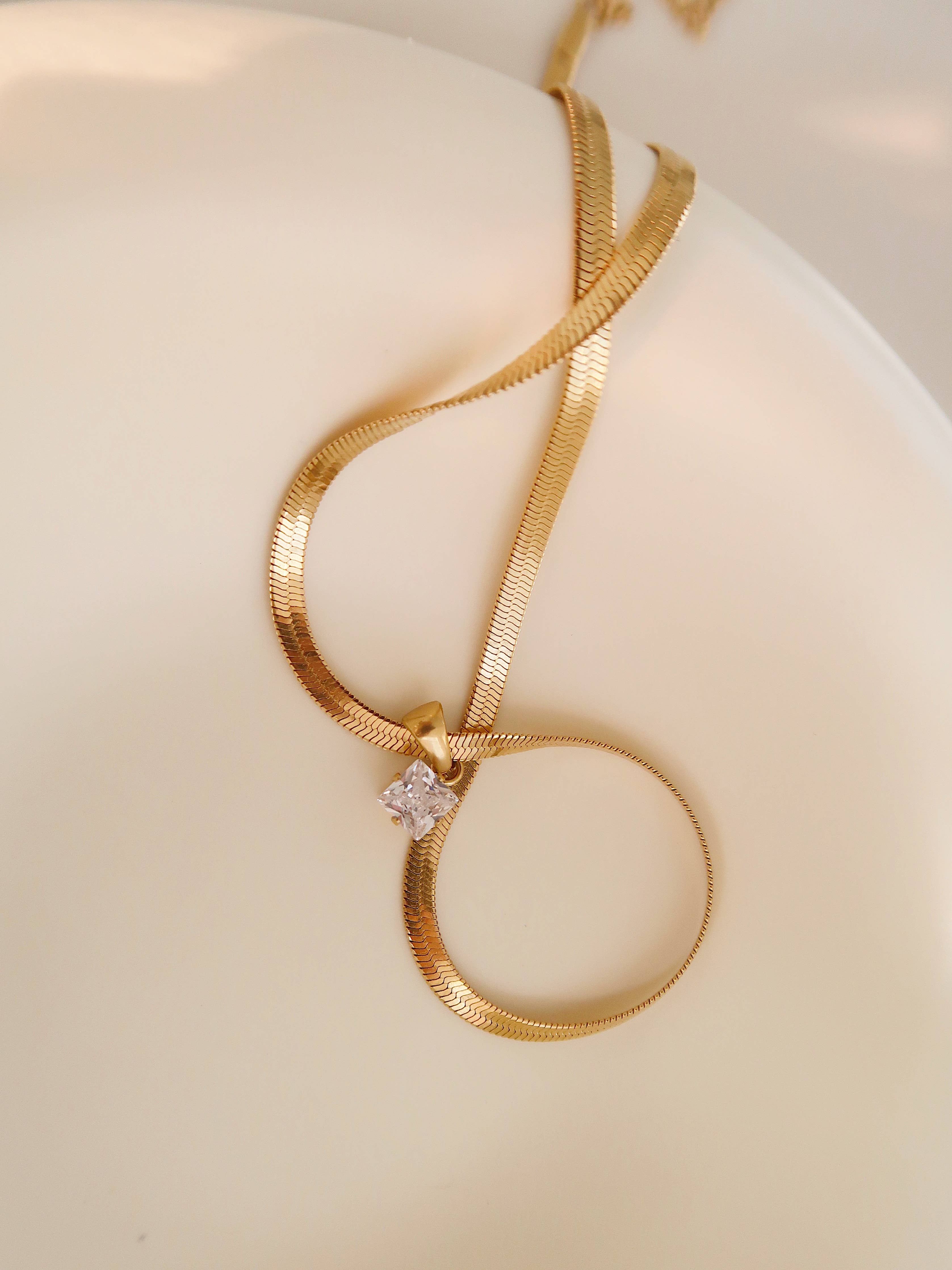 18k gold snake herringbone necklace with cz stone - Let's Bag It 