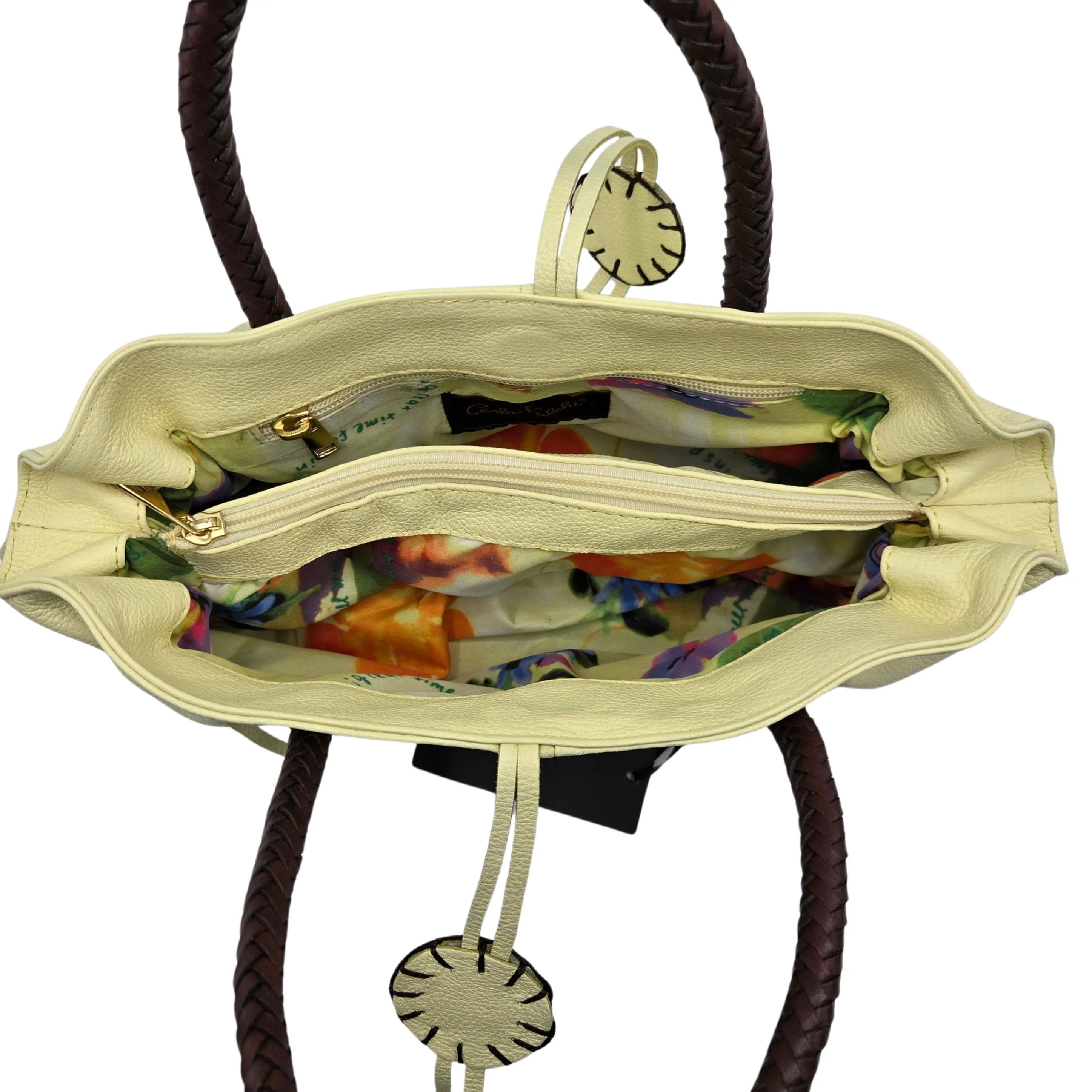 Carlos Falchi mini satchel bag with cheese-colored leather, featuring a compact design and stylish details.