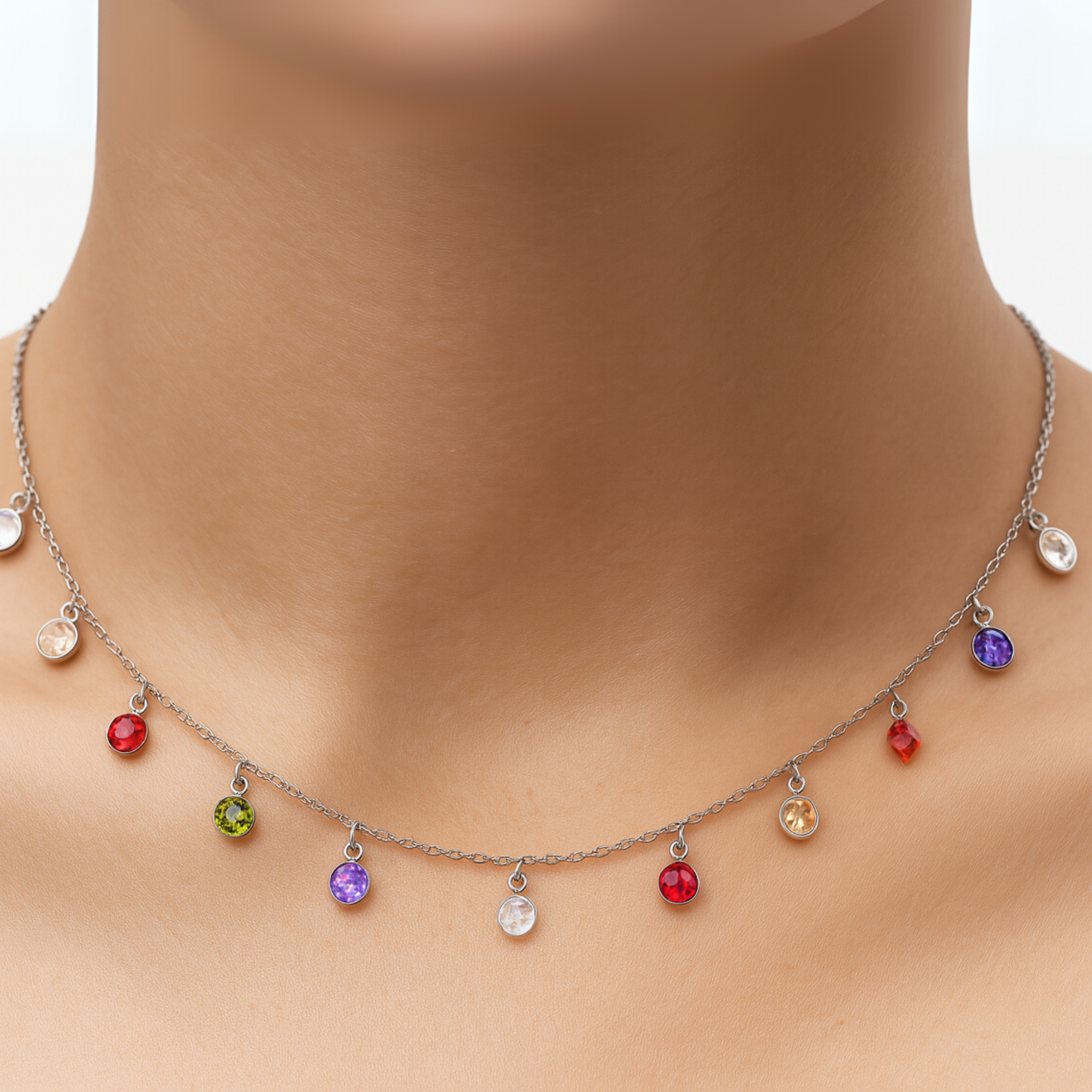 Necklace with colorful gemstones on a mannequin neck