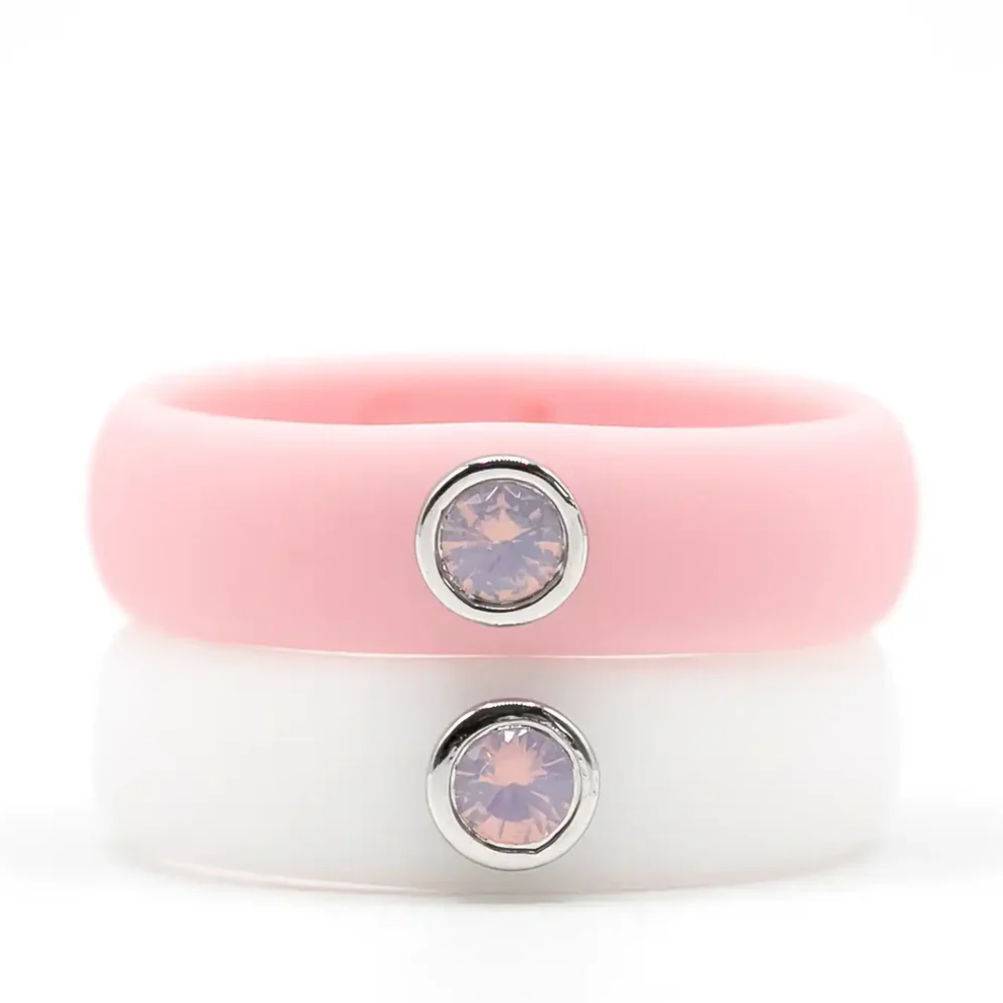 Pink Opal Cubic Zirconia silicone ring by Gemslique, featuring a smooth design with sparkling accents.