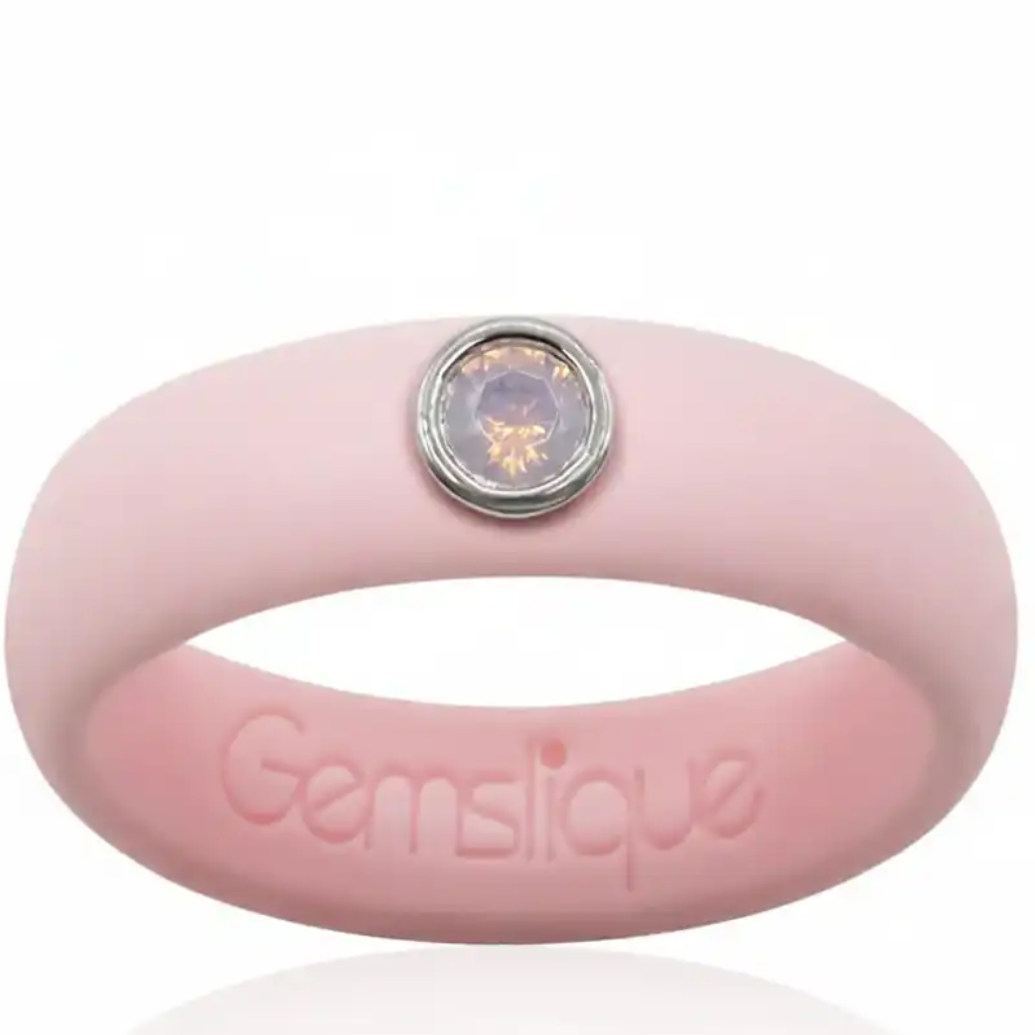 Pink Opal Cubic Zirconia silicone ring by Gemslique, featuring a smooth finish and elegant gemstone accents.