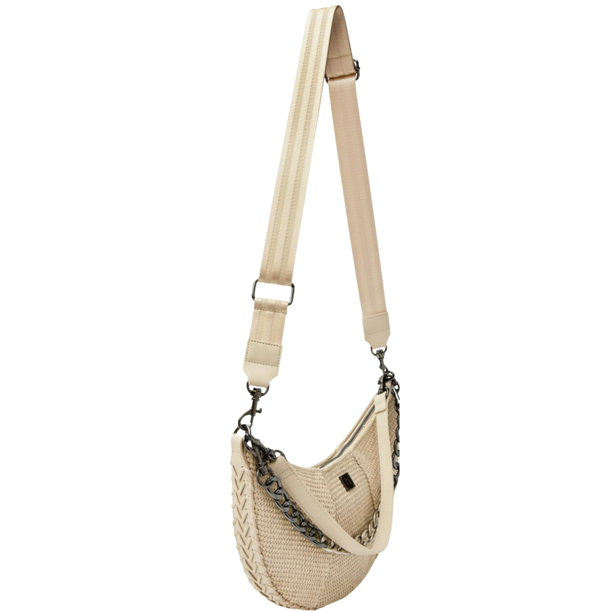Think Royln Flirt Raffia Shoulder Bag with coquette heart and bow bag charm, stylish woven design and shoulder strap.
