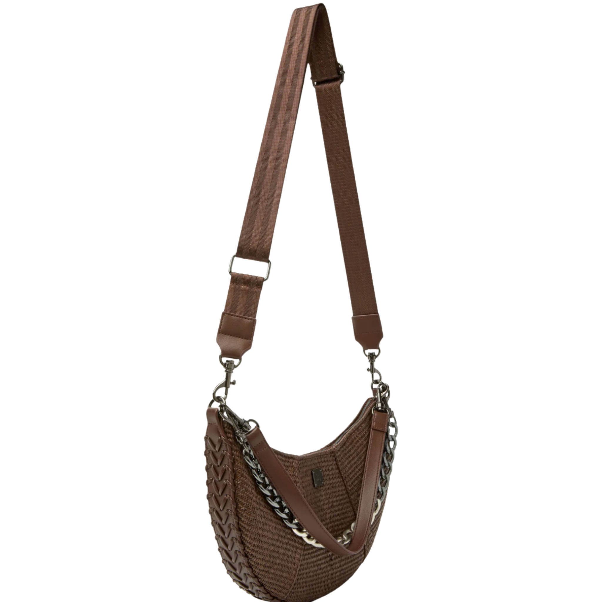Think Royln Flirt Raffia Shoulder Bag with coquette heart and bow bag charm, stylish natural woven design and shoulder strap.