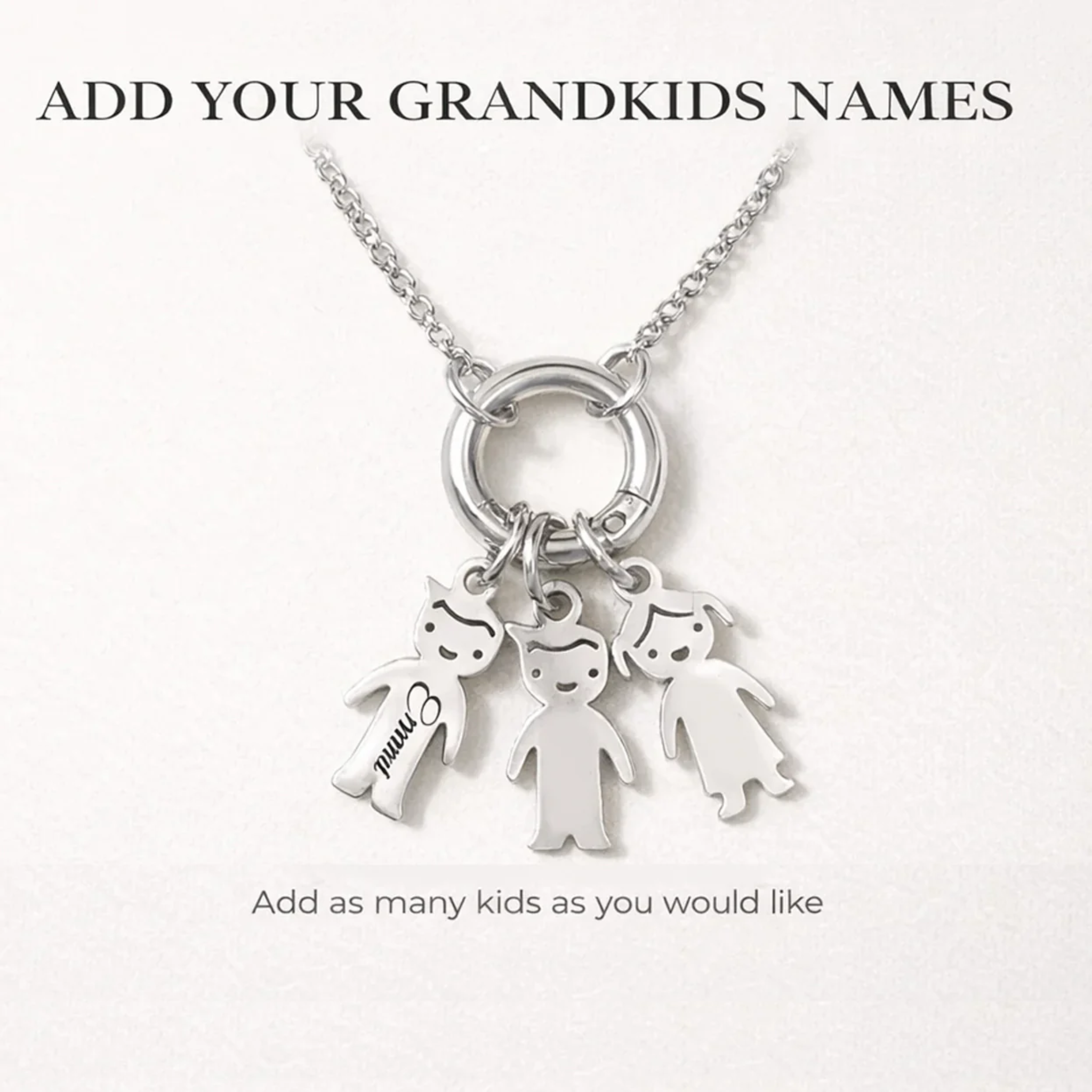 Personalized Grandma kids charm necklace by love lisa featuring a heart and bow pendant, perfect for family keepsakes.