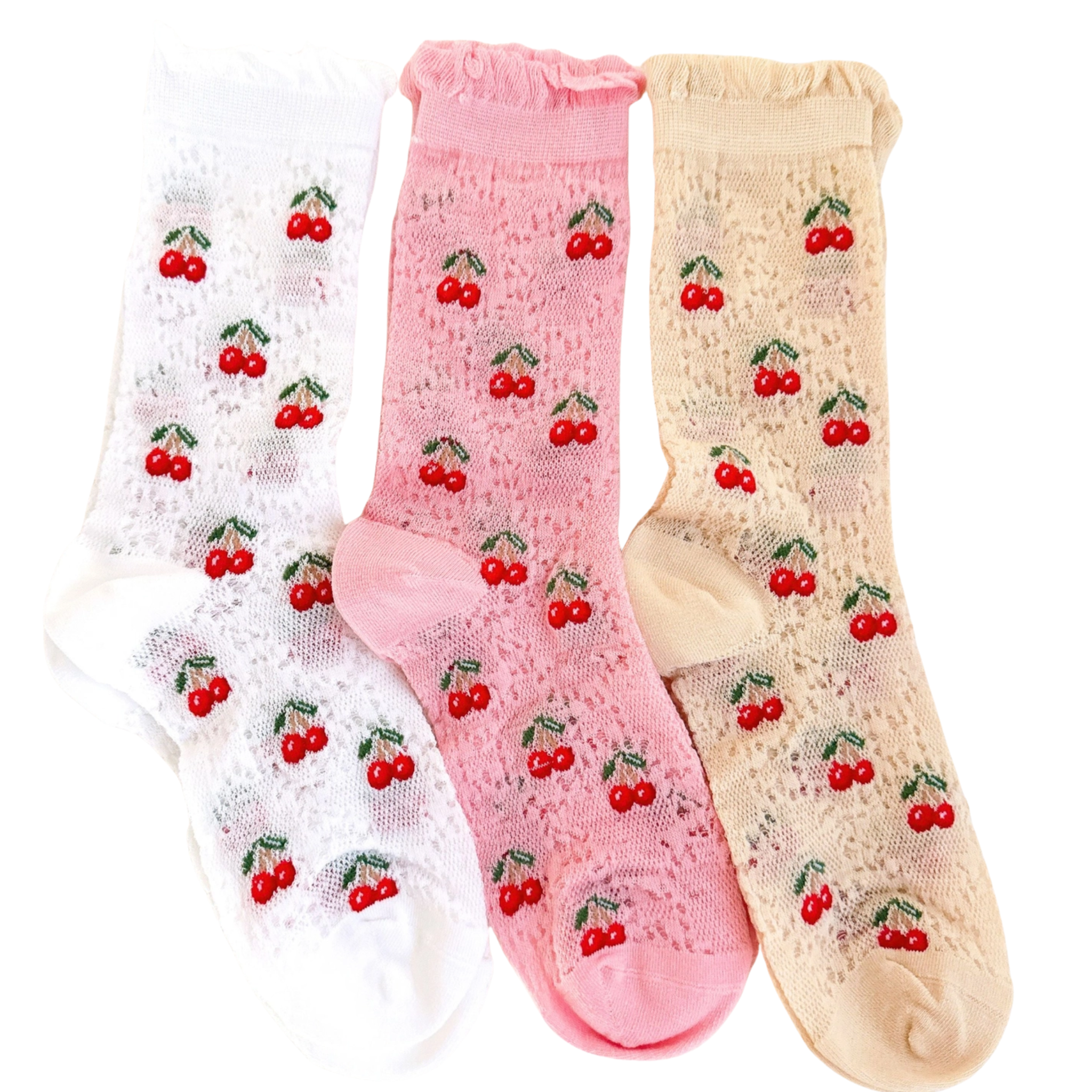 Set of three cherry-themed socks by Ellison + Young featuring cute heart and bow details, perfect for adding charm to your outfit.