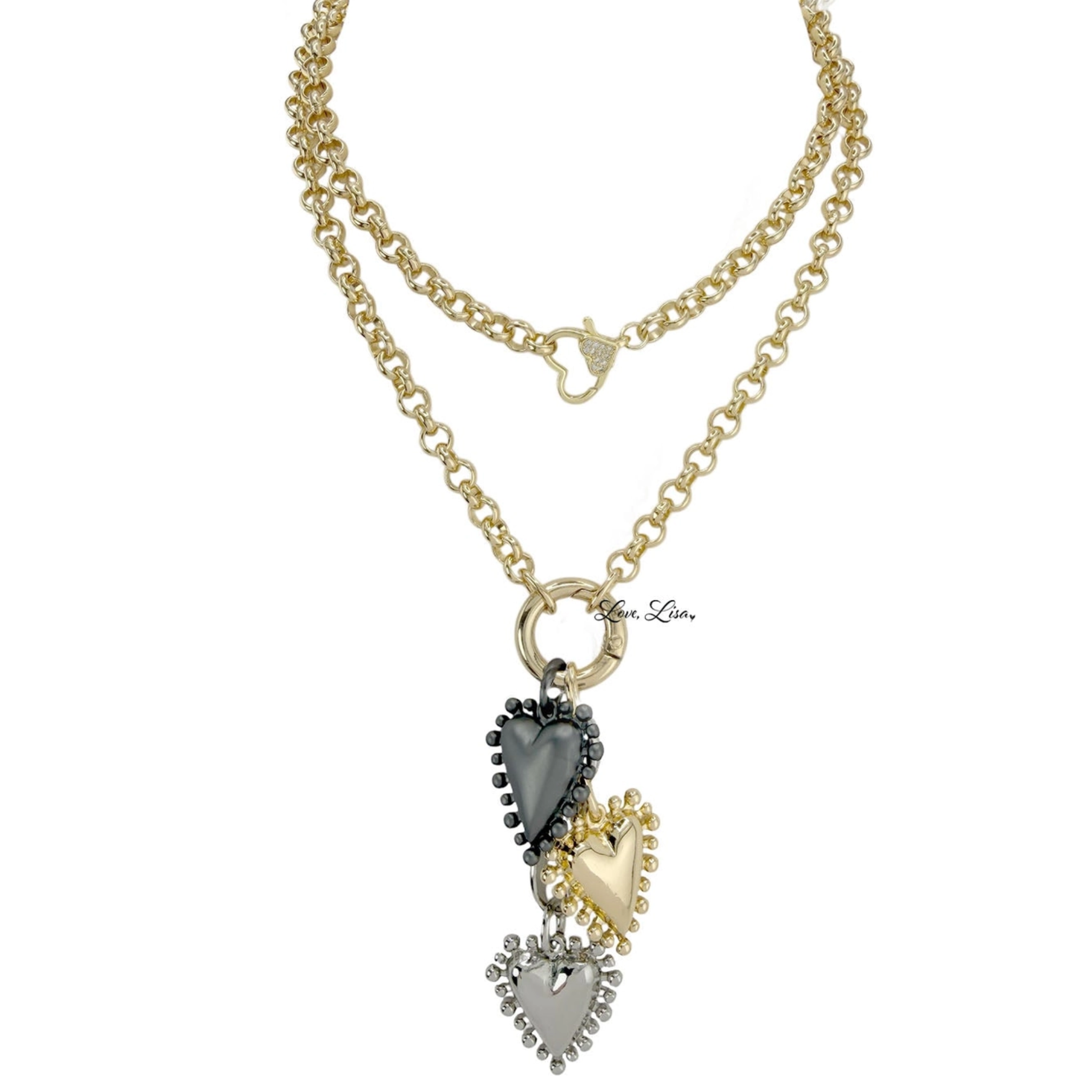 Falling Hearts Long Double Wrap Necklace by love lisa, featuring heart charms and a layered design in a stylish arrangement.