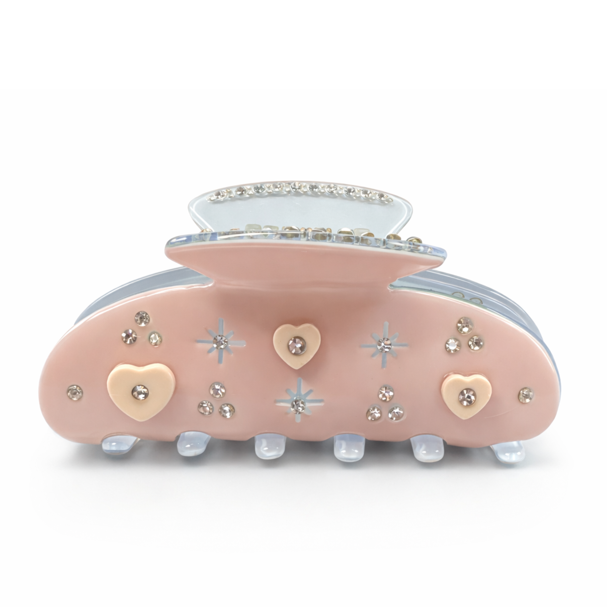 White rhinestone heart hair clip with bow and charm, decorative accessory by Private Label, ideal for adding sparkle to hairstyles.