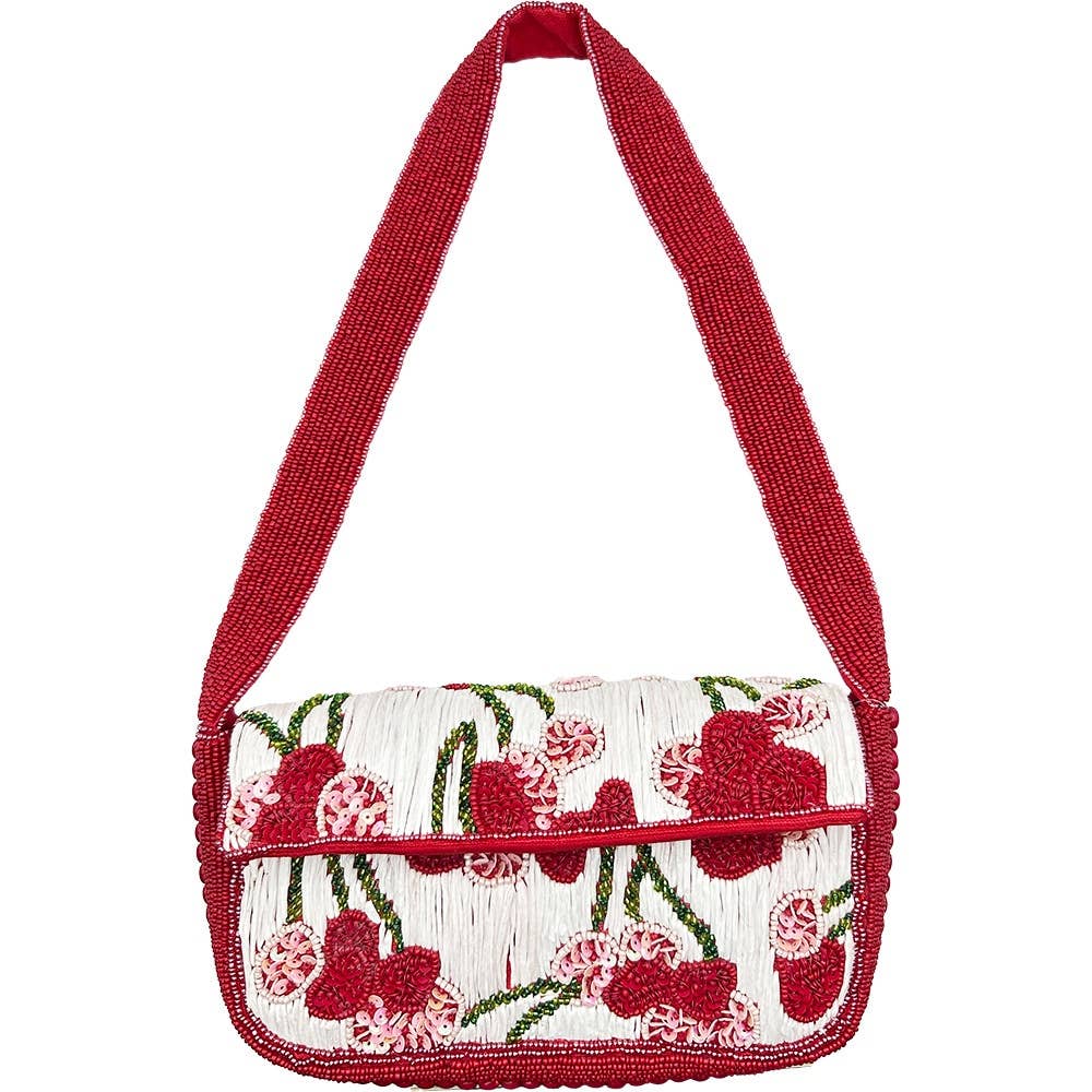 CHERRY RAFFIA BEADED SHOULDER BAG
