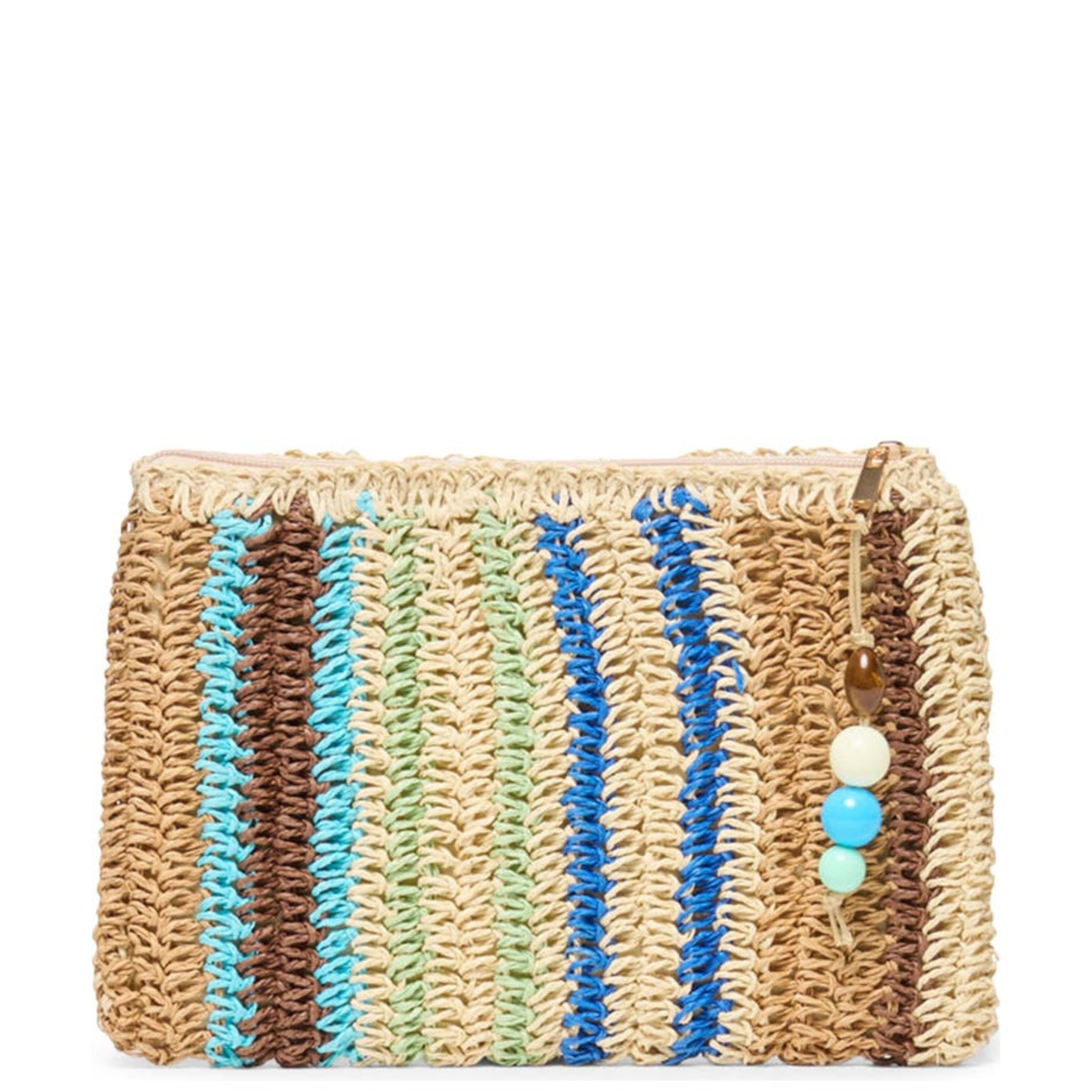 Dolce Vita Astra Blue and Multi-colored pouch with Daisy clip design, featuring vibrant floral patterns and compact size.