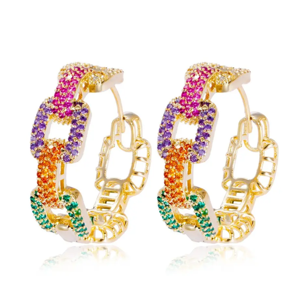 Colorful link hoop earrings by Private Label featuring vibrant multicolor design and gold-tone hoops.
