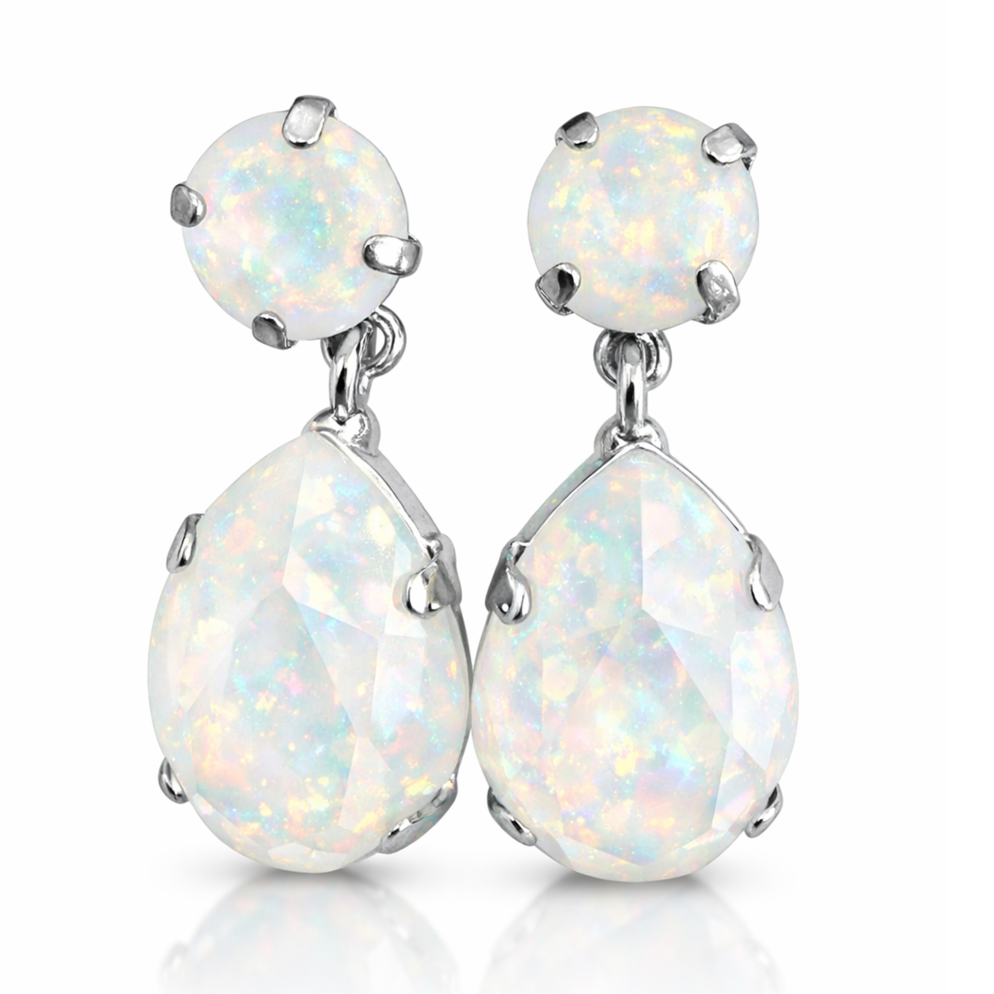 Multicolored pear drop earrings by Private Label featuring vibrant, dangling pear-shaped design on a white background.