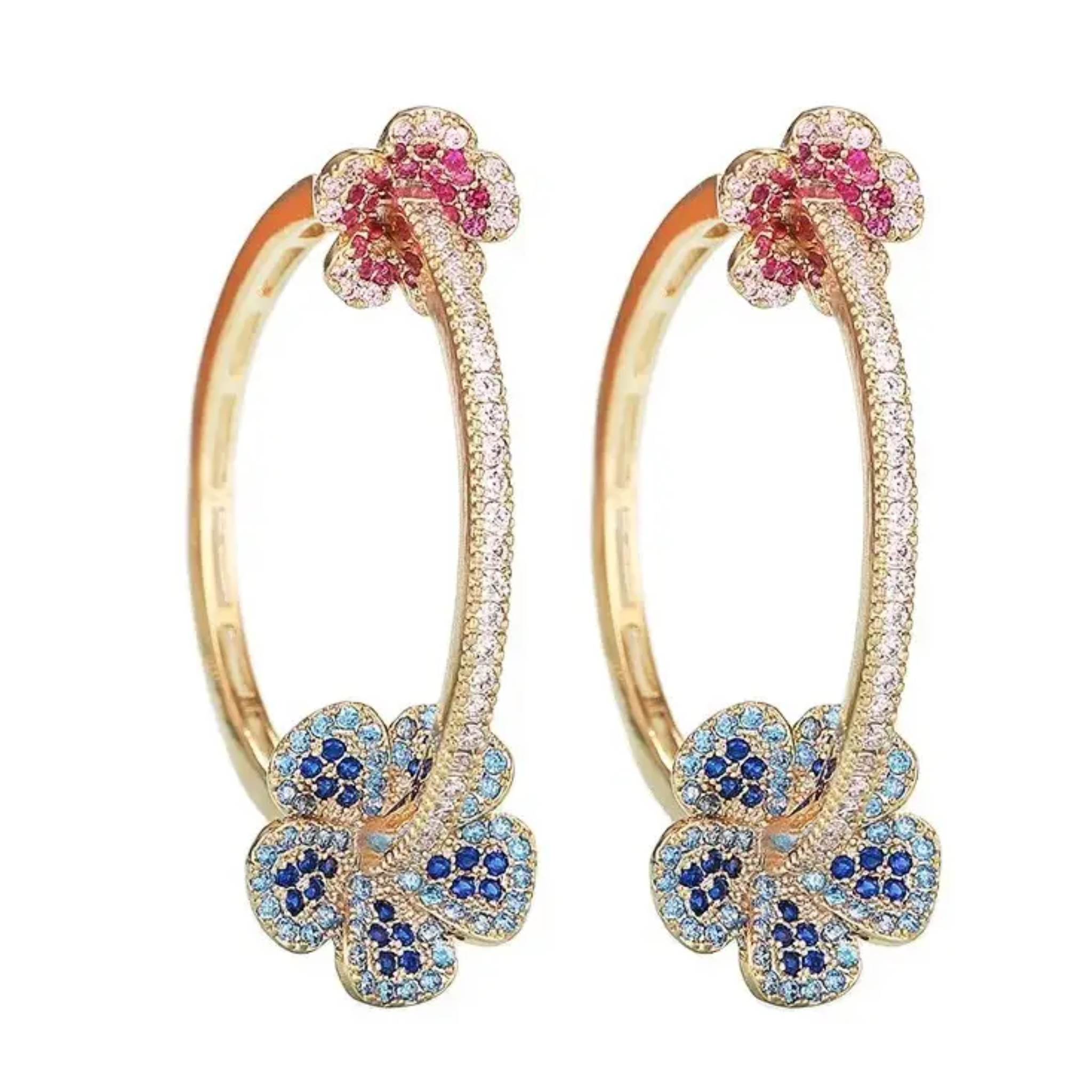 Colorful pave flower hoop earrings, private label brand, featuring multicolor floral design in a stylish earring style.