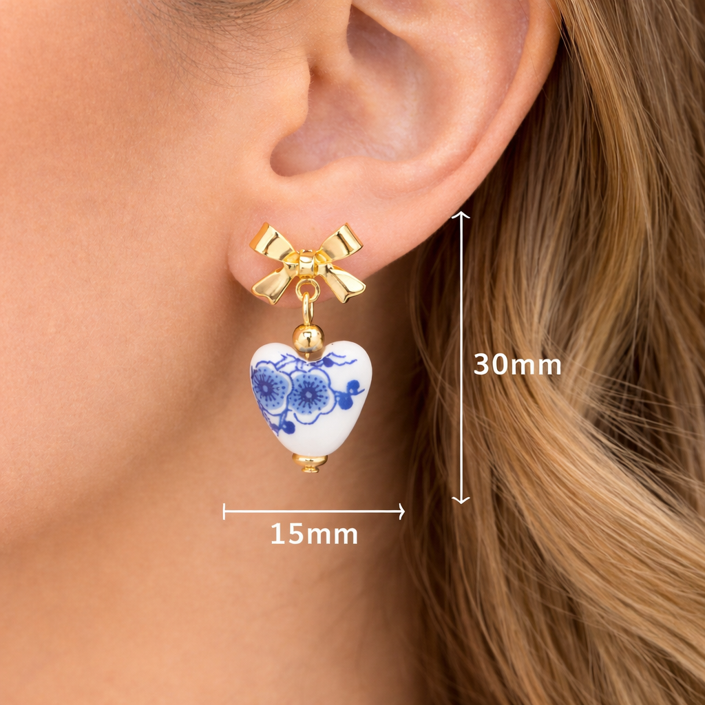Gold Bow Ceramic Blue Heart Drop Earrings