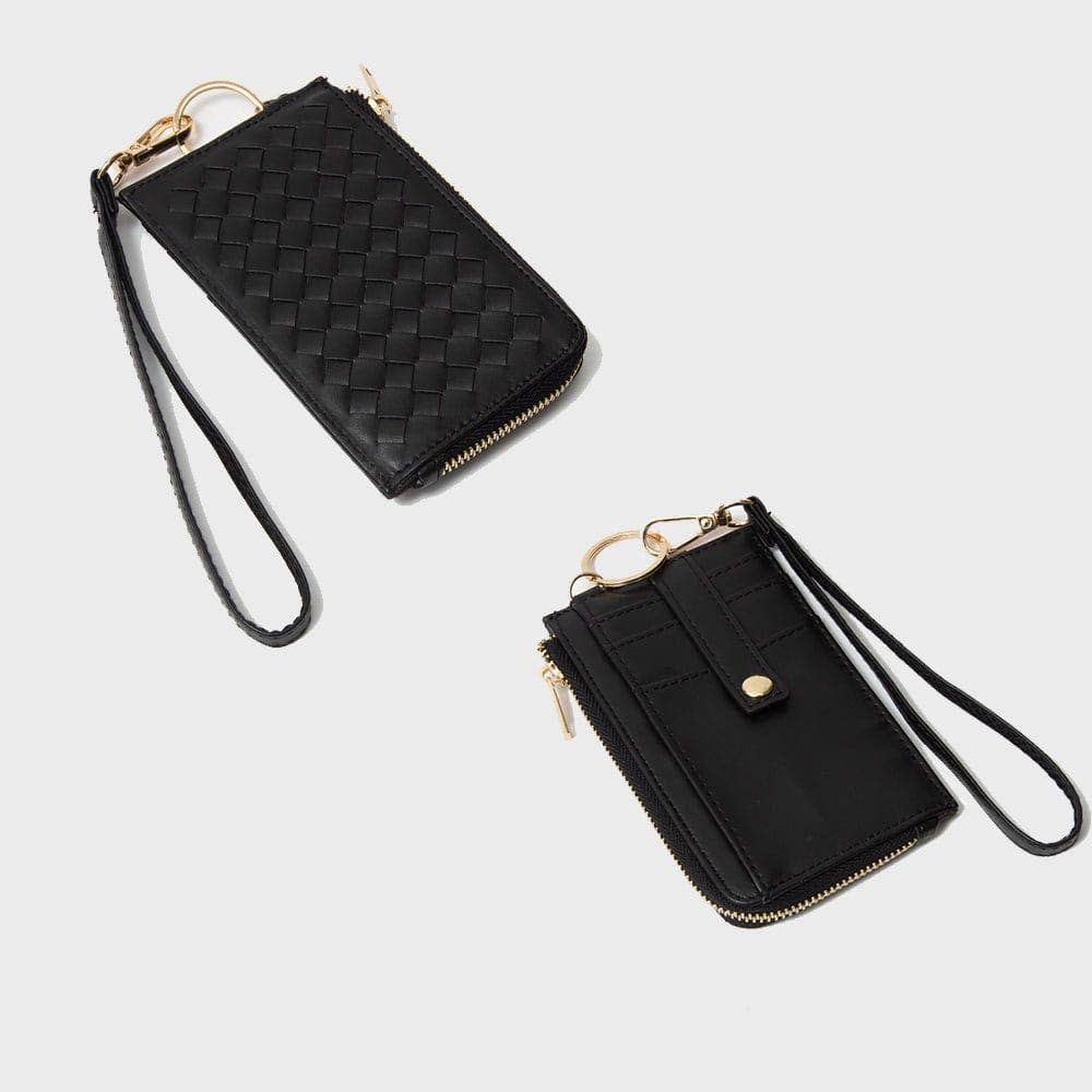 Woven slim cardholder wallet with wristlet in textured fabric, showcasing compartments for cards and a stylish wrist strap.