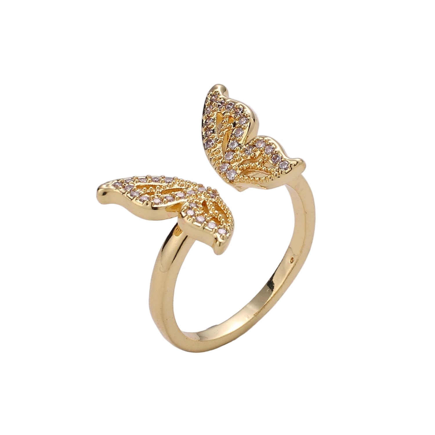 Close-up of a CZ open butterfly ring by Private Label, showcasing intricate butterfly design and sparkling cubic zirconia stones.