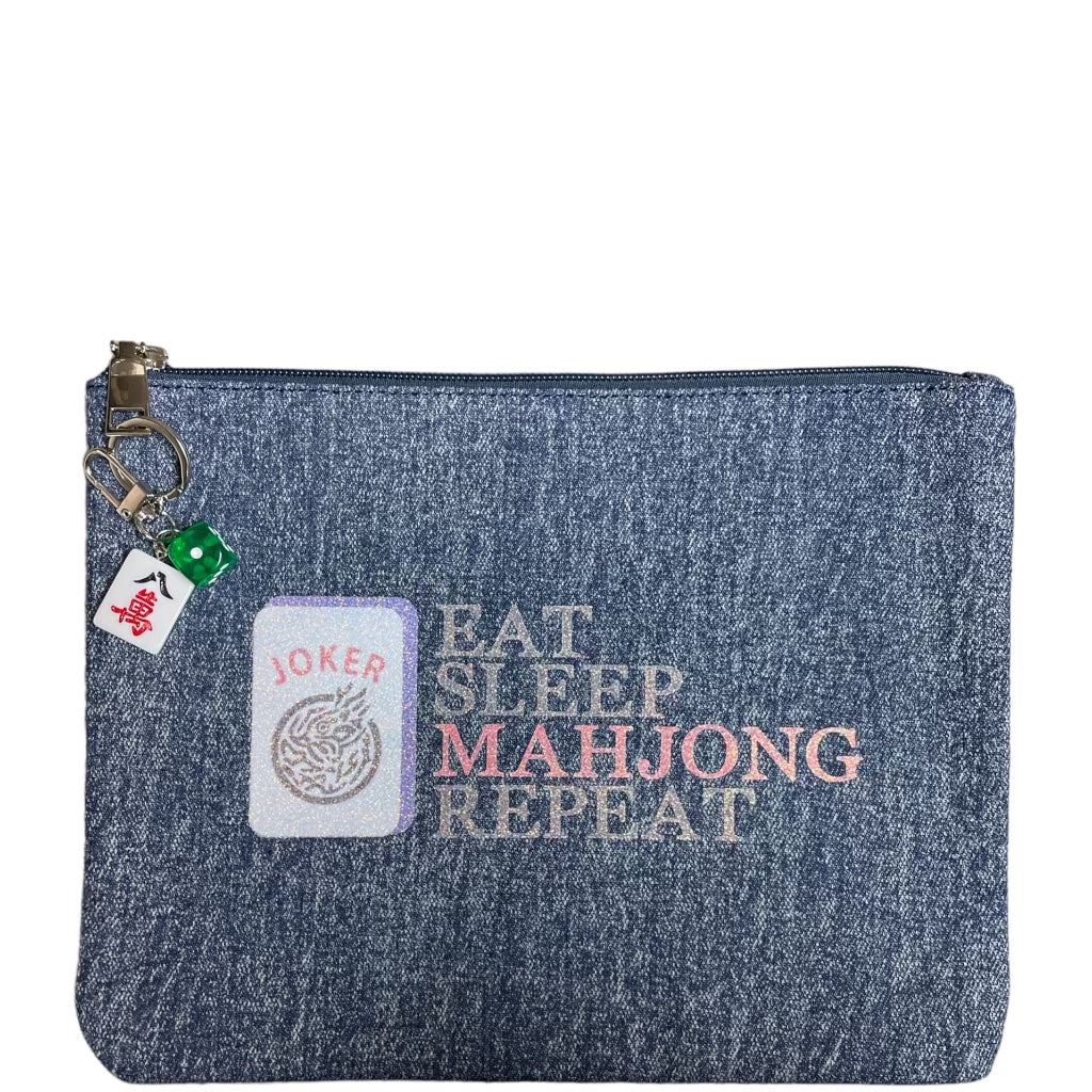 Eat.Sleep.Mahjong. Repeat. Denim Pouch